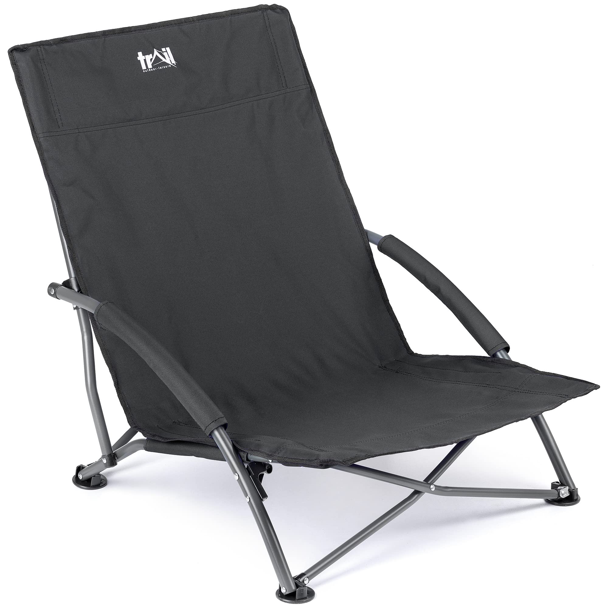 trail outdoor leisure Low Folding Beach Chair, Lightweight Portable Camping Festival Picnic Lounger Seat, Padded Armrests, Carry Bag with Strap (Black)