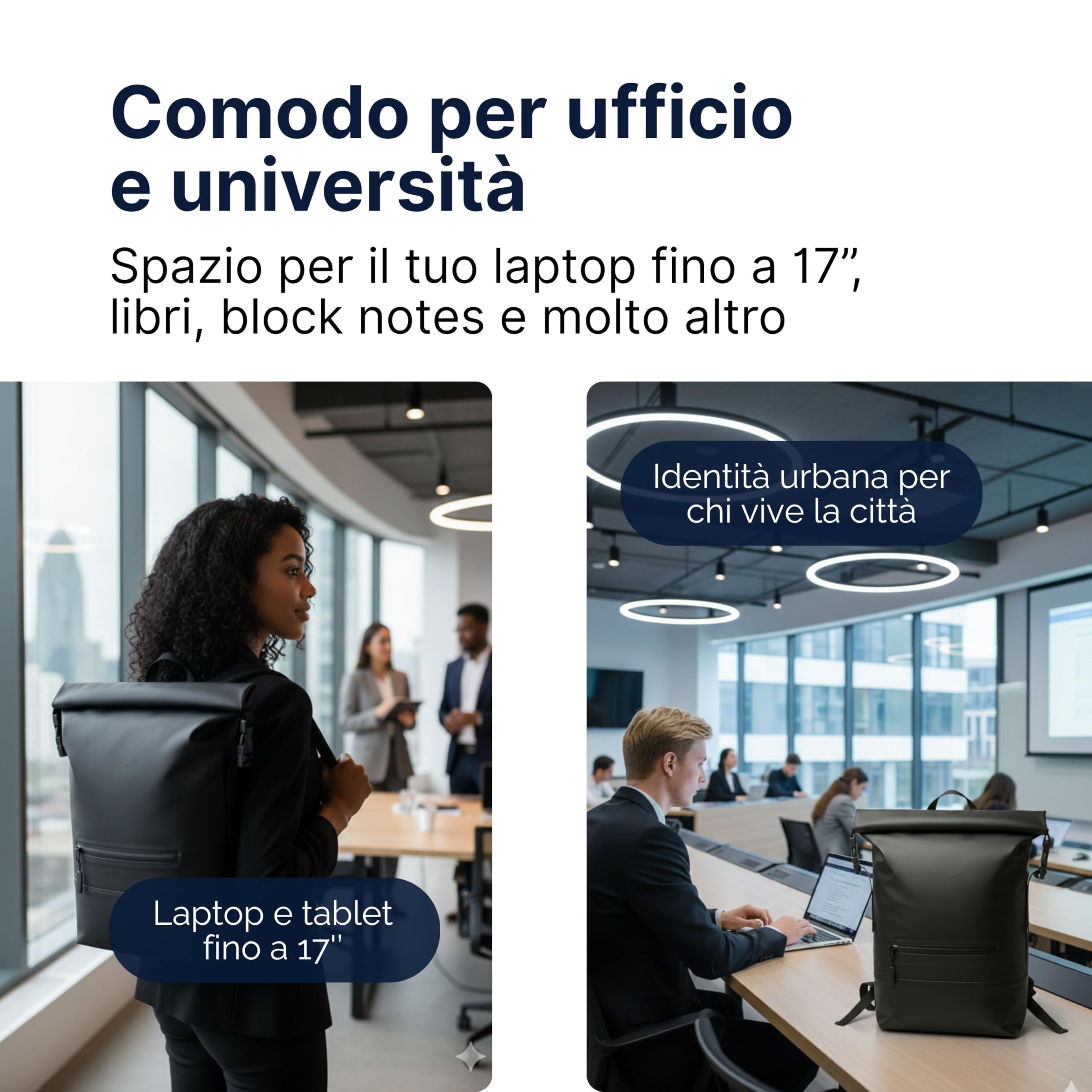 MASC Zaino Rolltop per Ufficio, Zaino da Lavoro Porta PC 17 Pollici, Elegante e Impermeabile perfetto per Uomo e Donna