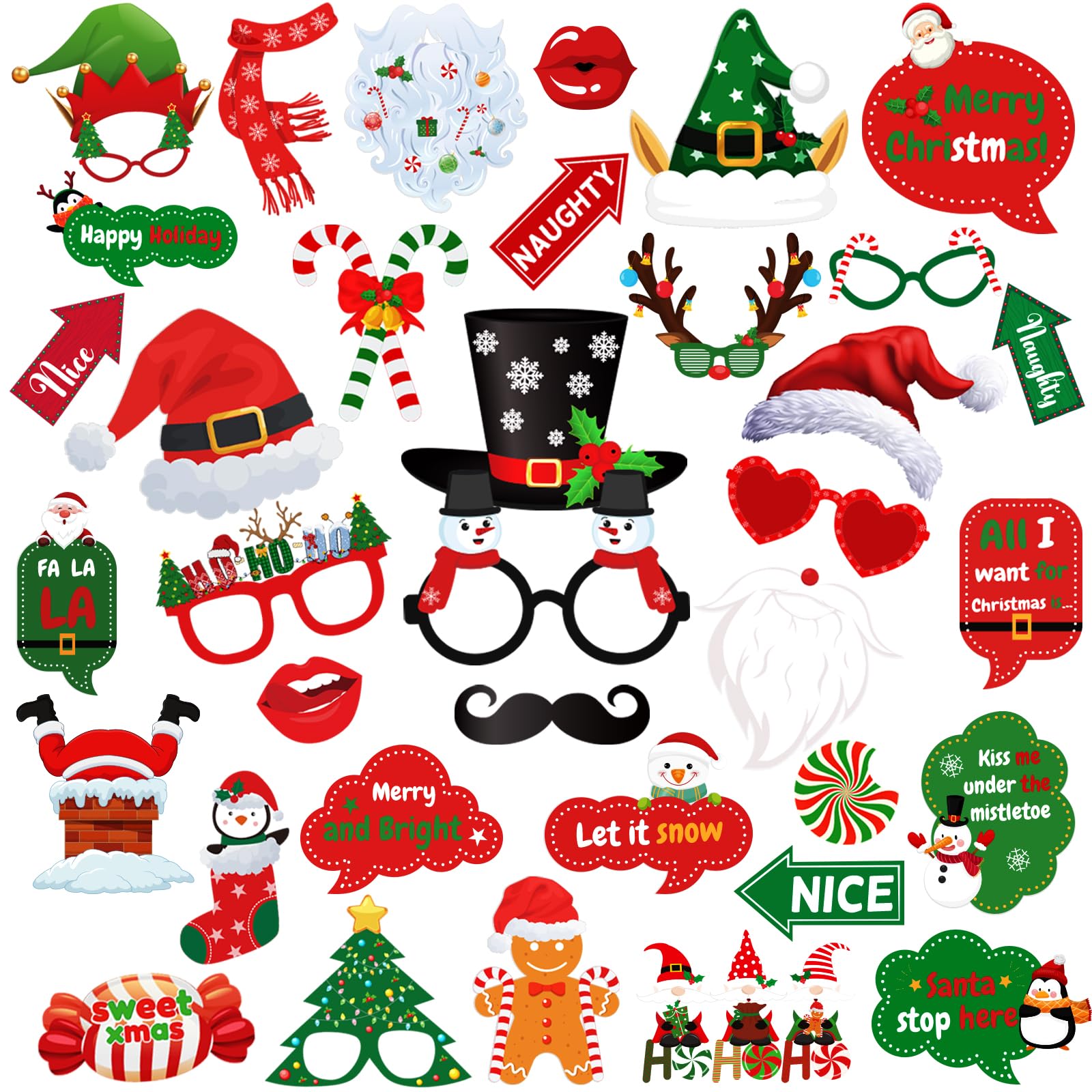 Christmas Photo Booth Props, 36Pcs Christmas Decorations Party Favors Games for Adults Office, Photo Props Backdrop Party Decor Supplies for Selfie