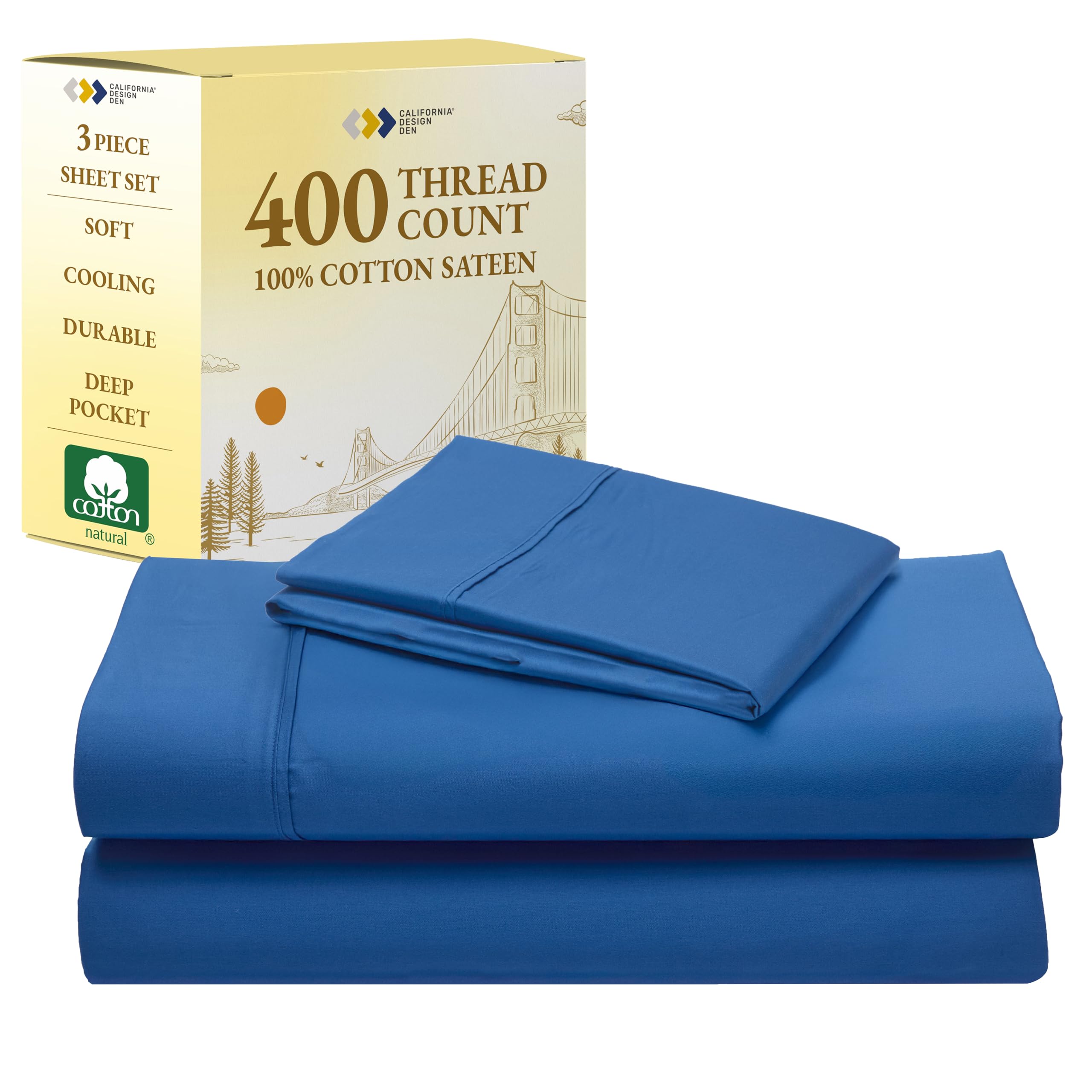 California Design Den Twin Sheets Set - 400 Thread Count Sateen, Natural 100% Cotton Bed Sheets, Deep Pockets with All Around Elastic, Soft, Cool and Durable Bedding - Cobalt Blue