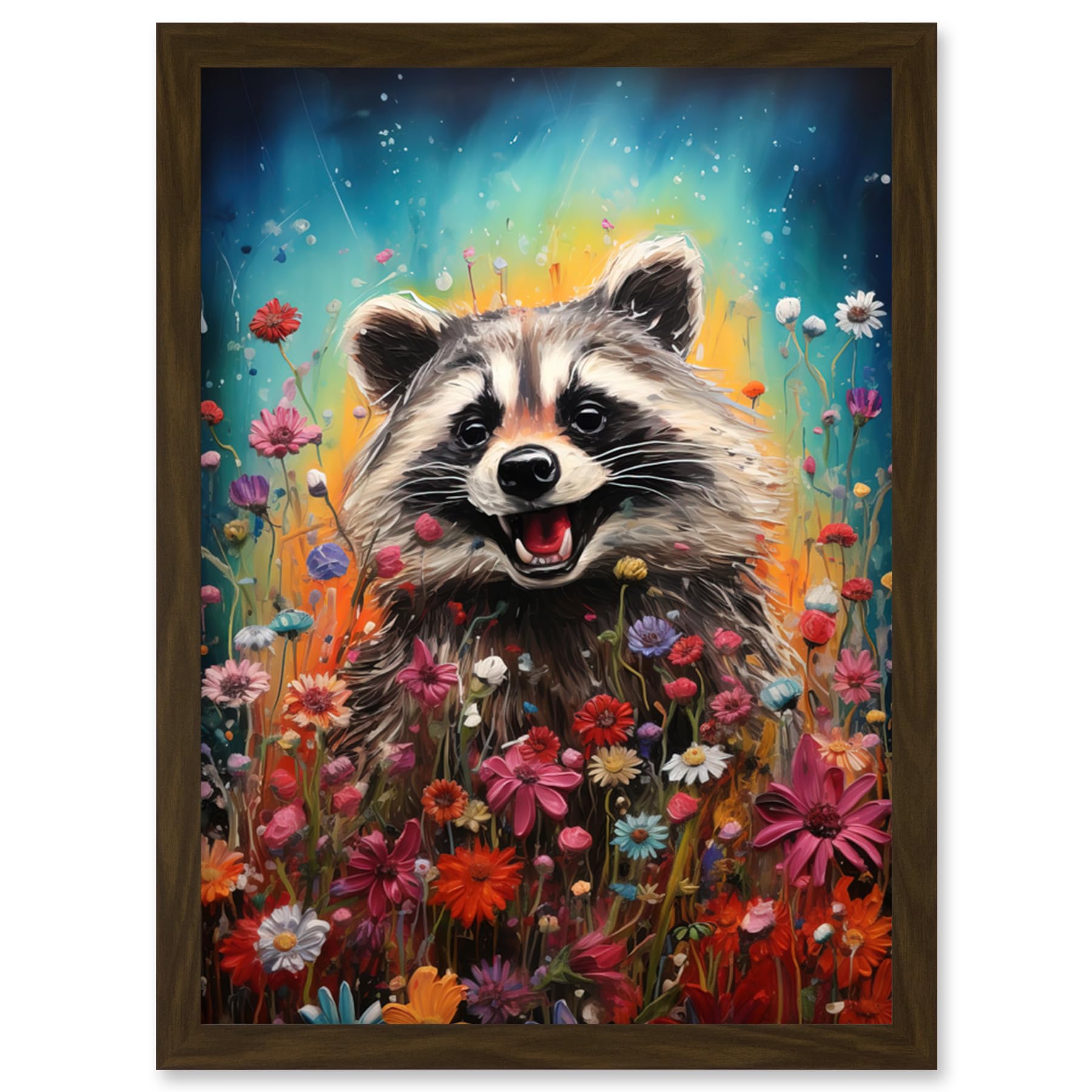 Artery8 Gleeful Racoon Quirky Portrait Spring Makes Everything Better Oil Painting Kids Bedroom Blooming Wildflower Meadow Artwork Framed Wall Art Print A4