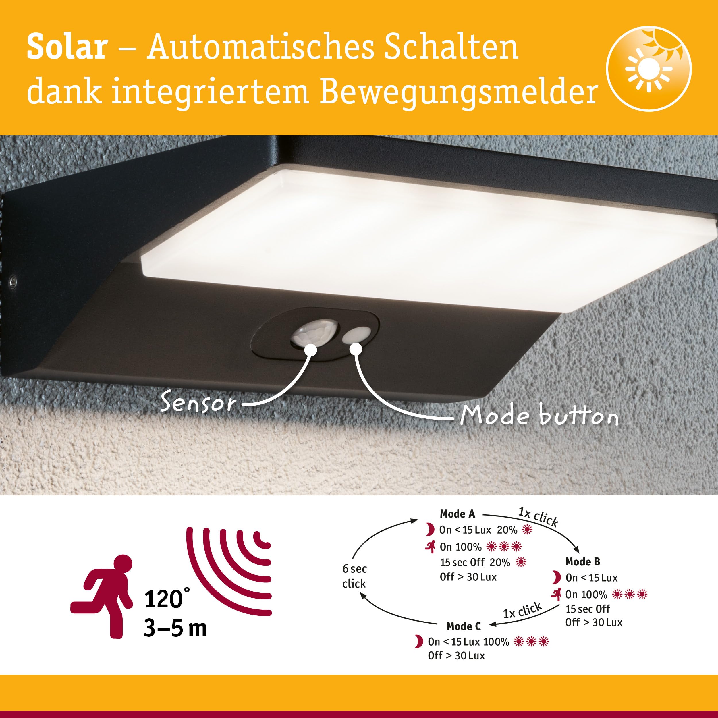 Paulmann 94335 LED Außenleuchte Solar Außenwandleuchte IP44 incl. 1x3,4 Watt Dunkelgrau Außenlampe Aluminium 3000 K