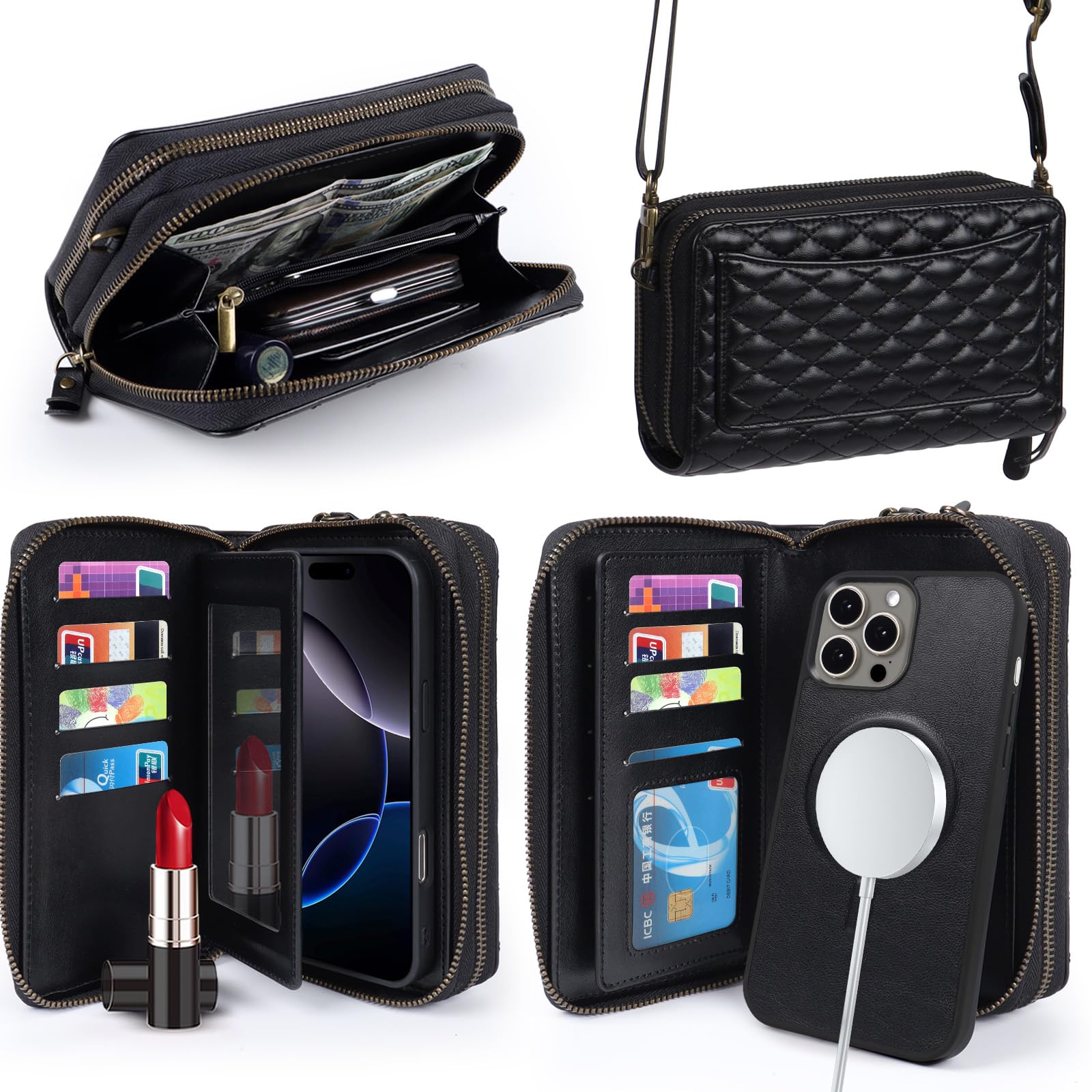 Harryshell Kompatibel mit iPhone 13 Pro Max 6,7 Zoll 2021, Brieftasche, mehrere Reißverschlüsse, abnehmbare magnetische Hülle, Geldbörse mit Kartenfächern, Spiegel, Crossbody (kompatibel mit Magsafe