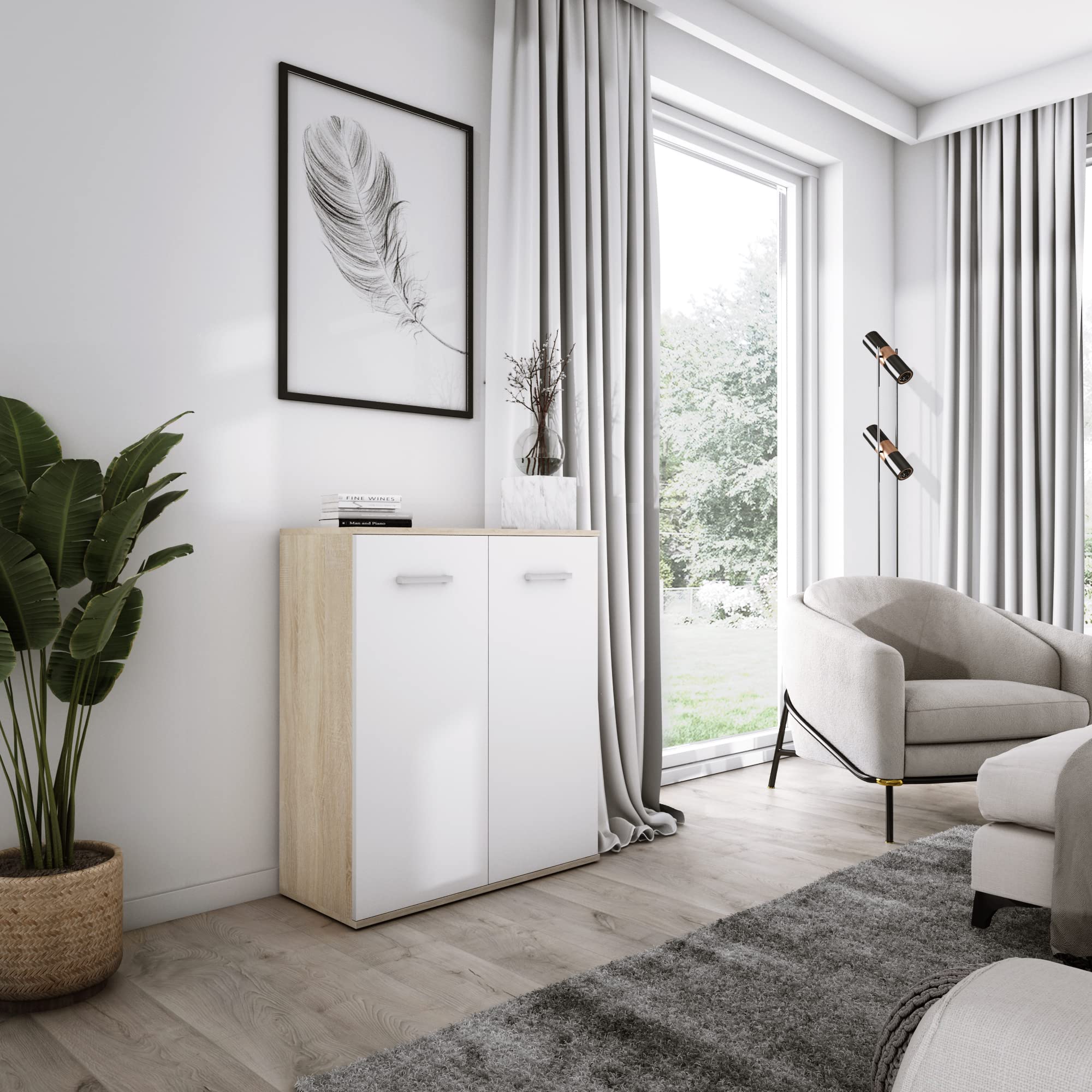 3E 3xE living.com Komoda z 2 szufladami i drzwiami, Dąb Sonoma/biały, L: 75cm, H: 85cm, P: 33cm, Szafa do przechowywania, pokój dla dorosłych, kredens salon, komoda sypialnia, przechowywanie sypialni