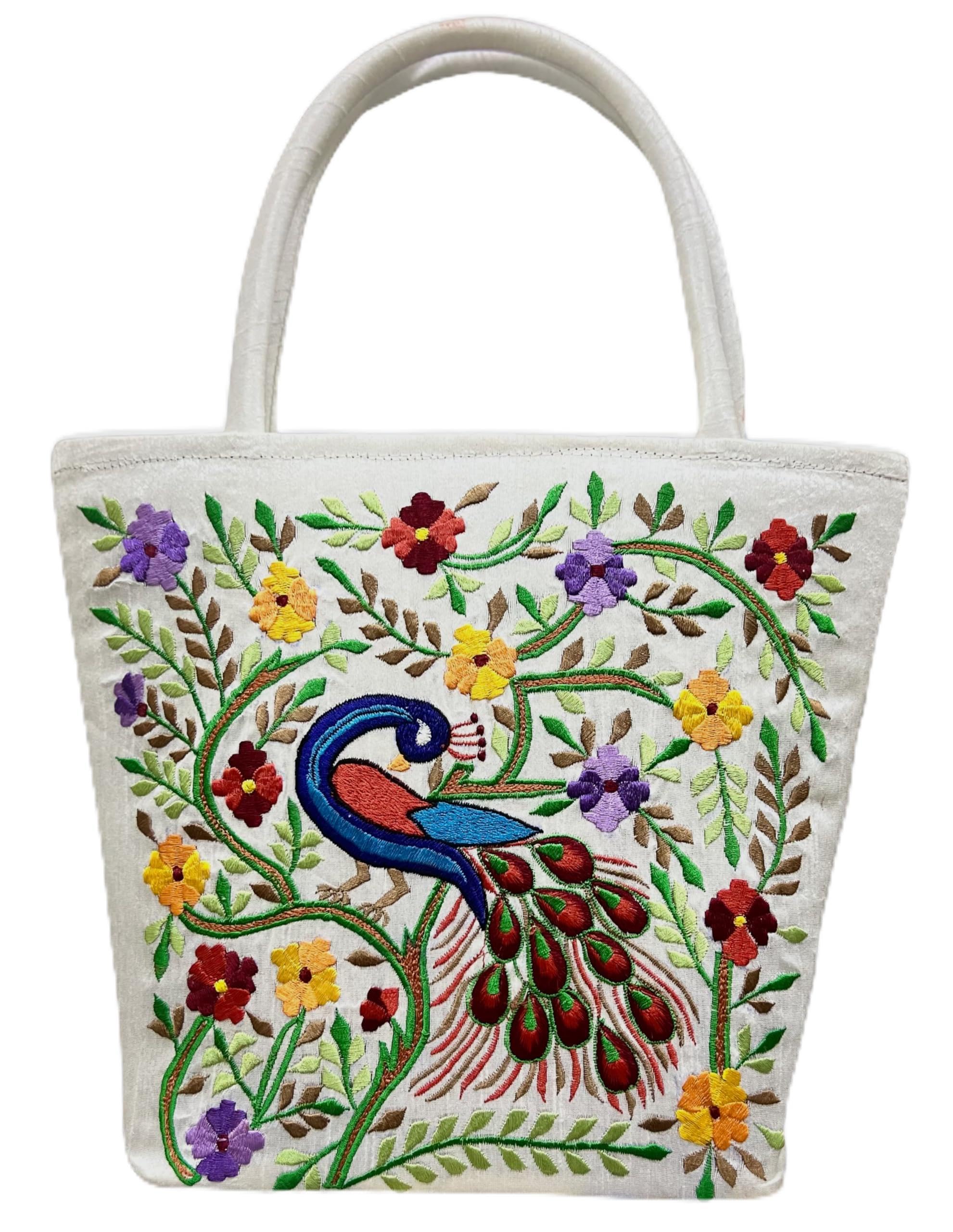Lavanya Latest Fashions Raw Silk Embroidered Handbag with Fabric Handle | Floral/Peacock Designer Handbags for Girls and Women | Embroidery Hand Bag | Women Embroidery Ethnic Handbag (B0CQXXLGTL) Amazon Price History, Amazon Price Tracker