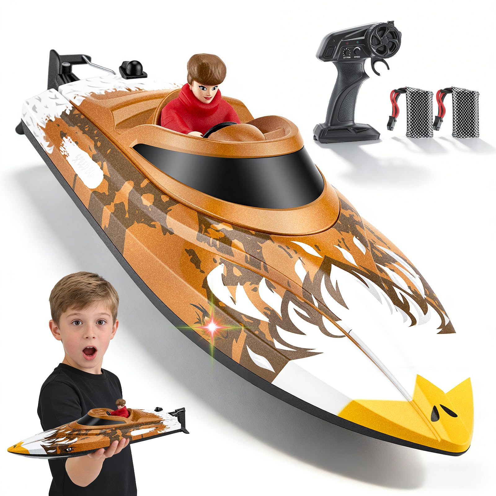 Bateau RC télécommandé 25 km/h - Bateau de course haute vitesse étanche avec 2 batteries et télécommande 2,4 GHz pour piscine, lac et étang - Pour enfants et adultes (Marron)