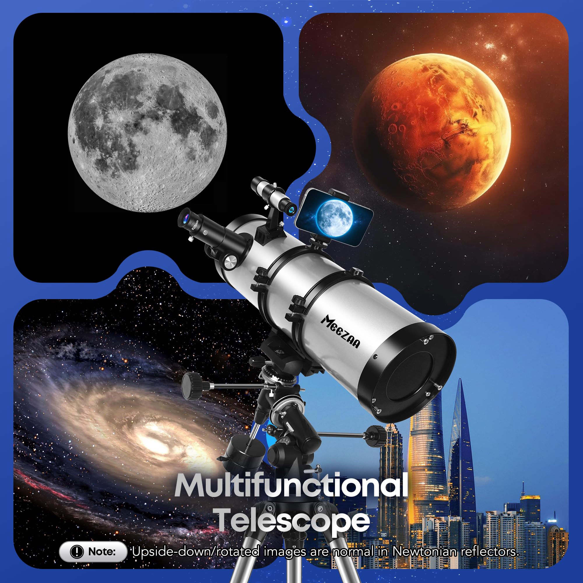 MEEZAA Telescopio Astronómico Adultos, 150EQ Newtoniano Reflector Telescopio Profesional Portátil Principiantes con Montura Ecuatorial, Trípode, Adaptador Teléfono, Filtro Lunar y Bolsa de Transporte