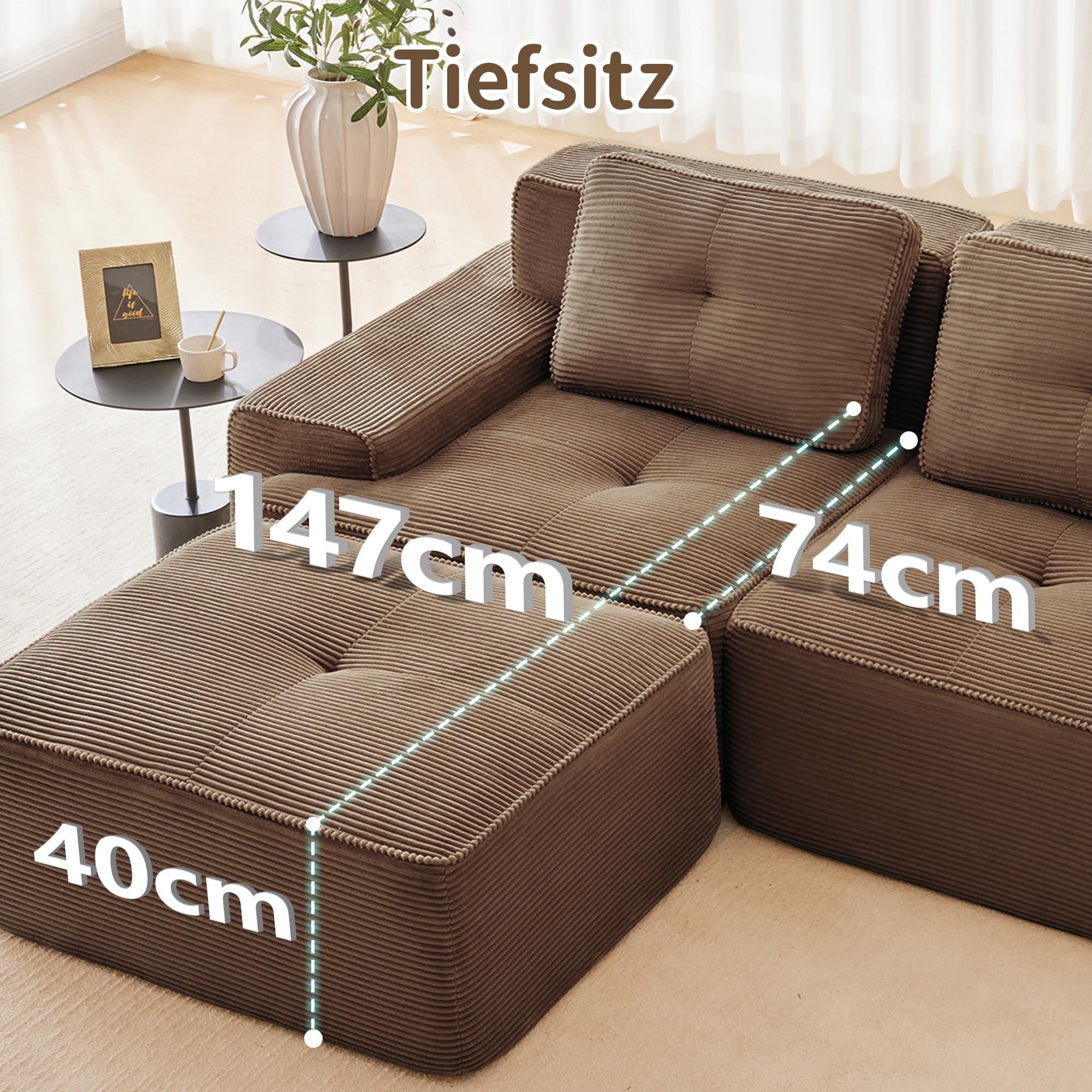 Bladez Moderno divano modulare Cloud Boneless ad angolo a forma di L in velluto a coste, divano cloud modulare con pouf, senza montaggio, divani imbottiti cloud combinabili per soggiorno (marrone, 3