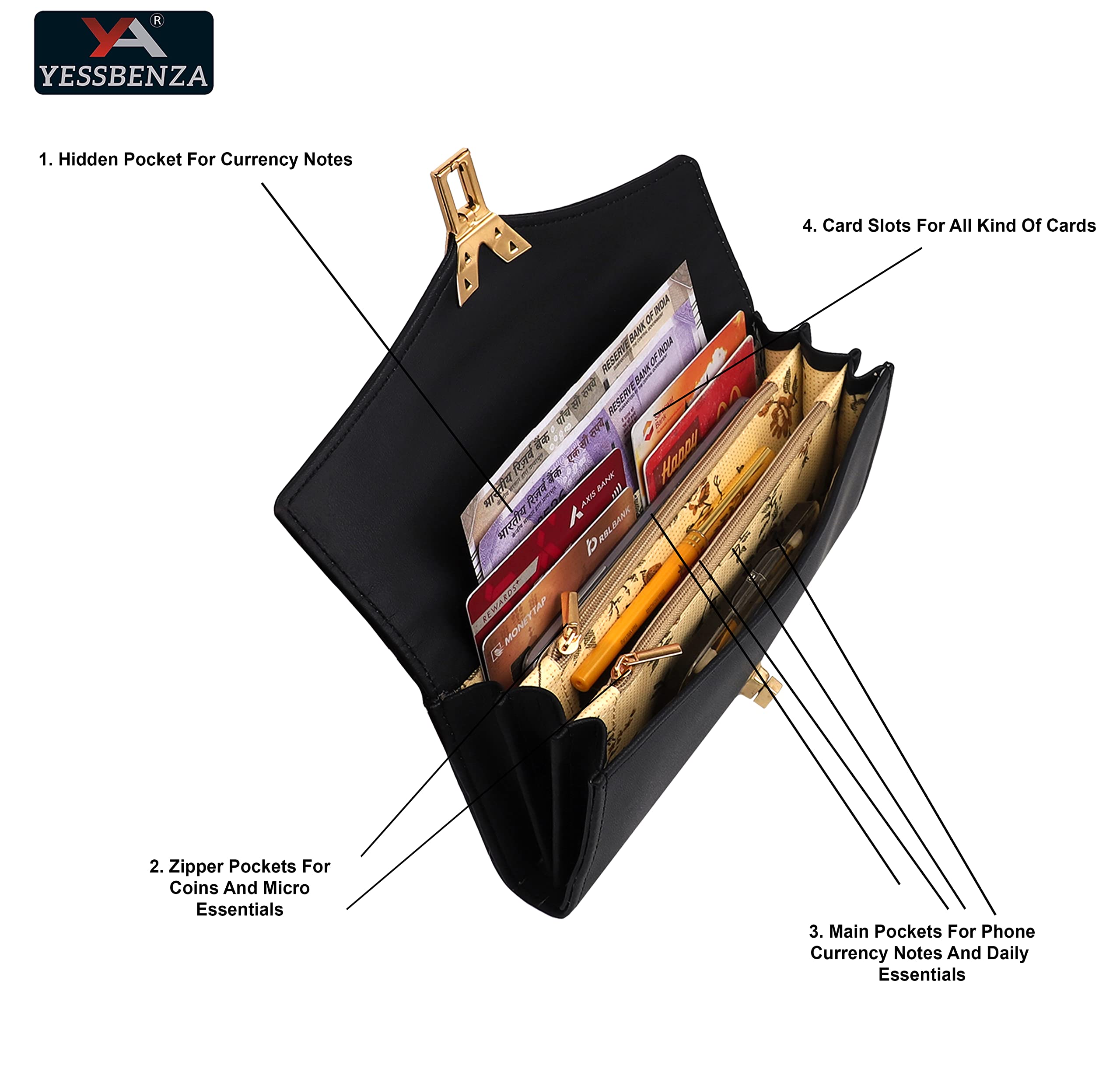 YESSNENZA Faux Leather Ladies Premium Stylish Women's Clutch Wallet Purse with Phone Pockets (Y Black) 4