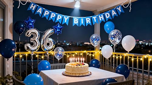 Vista 48 de Decoración de fiesta de cumpleaños número 31, color azul plateado para hombres, pancarta de feliz cumpleaños número 31, globos de papel de aluminio