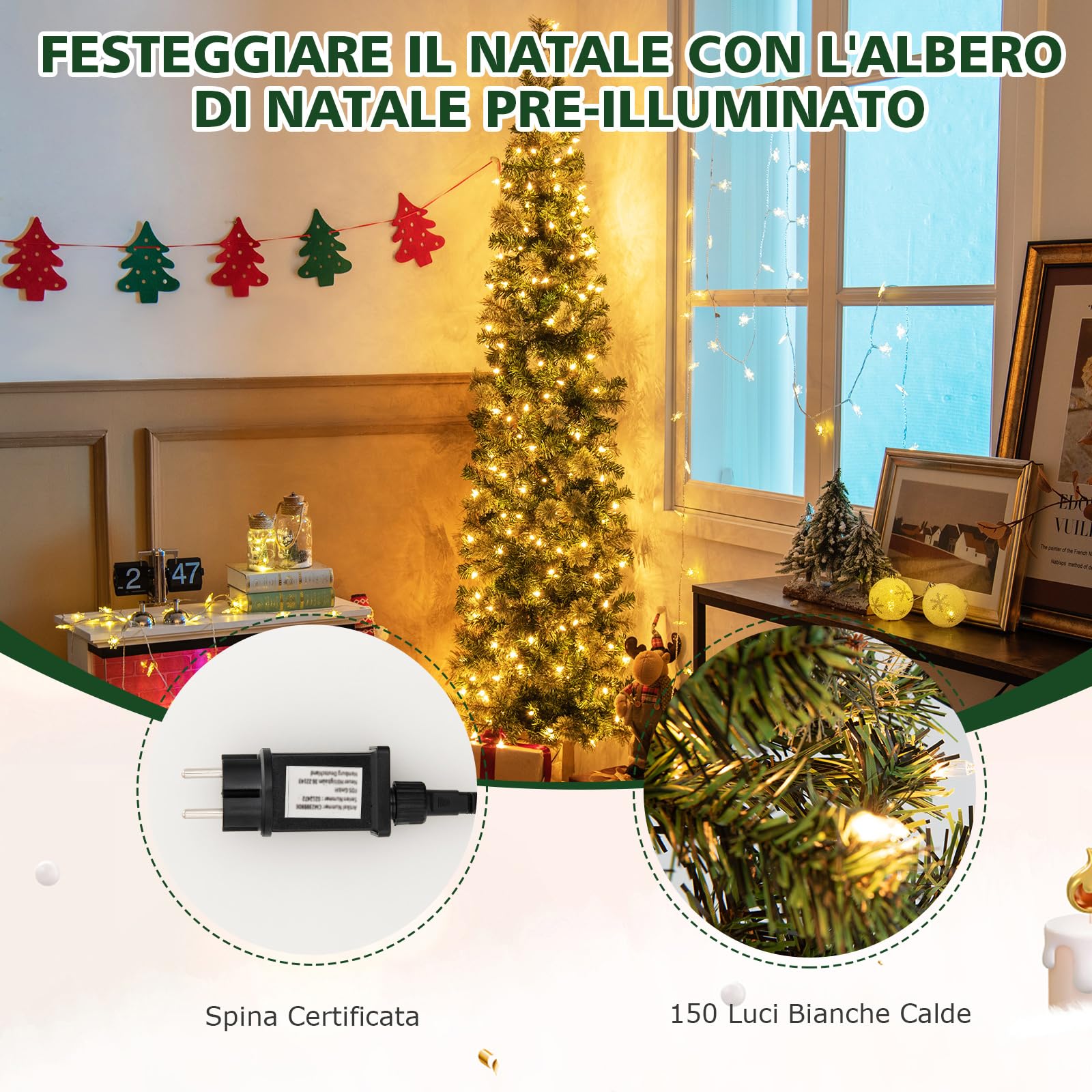 RELAX4LIFE Mezzo Albero di Natale da Parete 210 CM con Luci LED Incorporate, Rami Foglie Realistico in PVC, Base Pieghevole in Metallo, e Aghi di Pino (Modello 2)