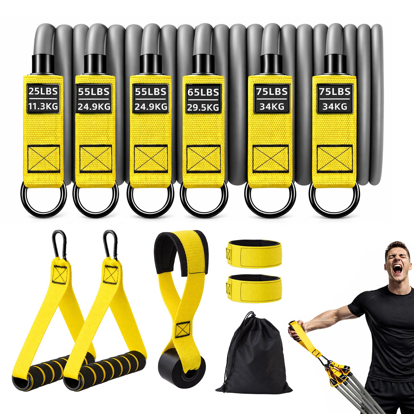 GreenWhim Resistance Bands Set for Men, Up to 350lbs Heavy Exercise Bands with Handles, Door Anchor & Ankle Straps, Stackable Workout Bands for Muscle & Strength Training, Home Gym Equipment (Yellow)