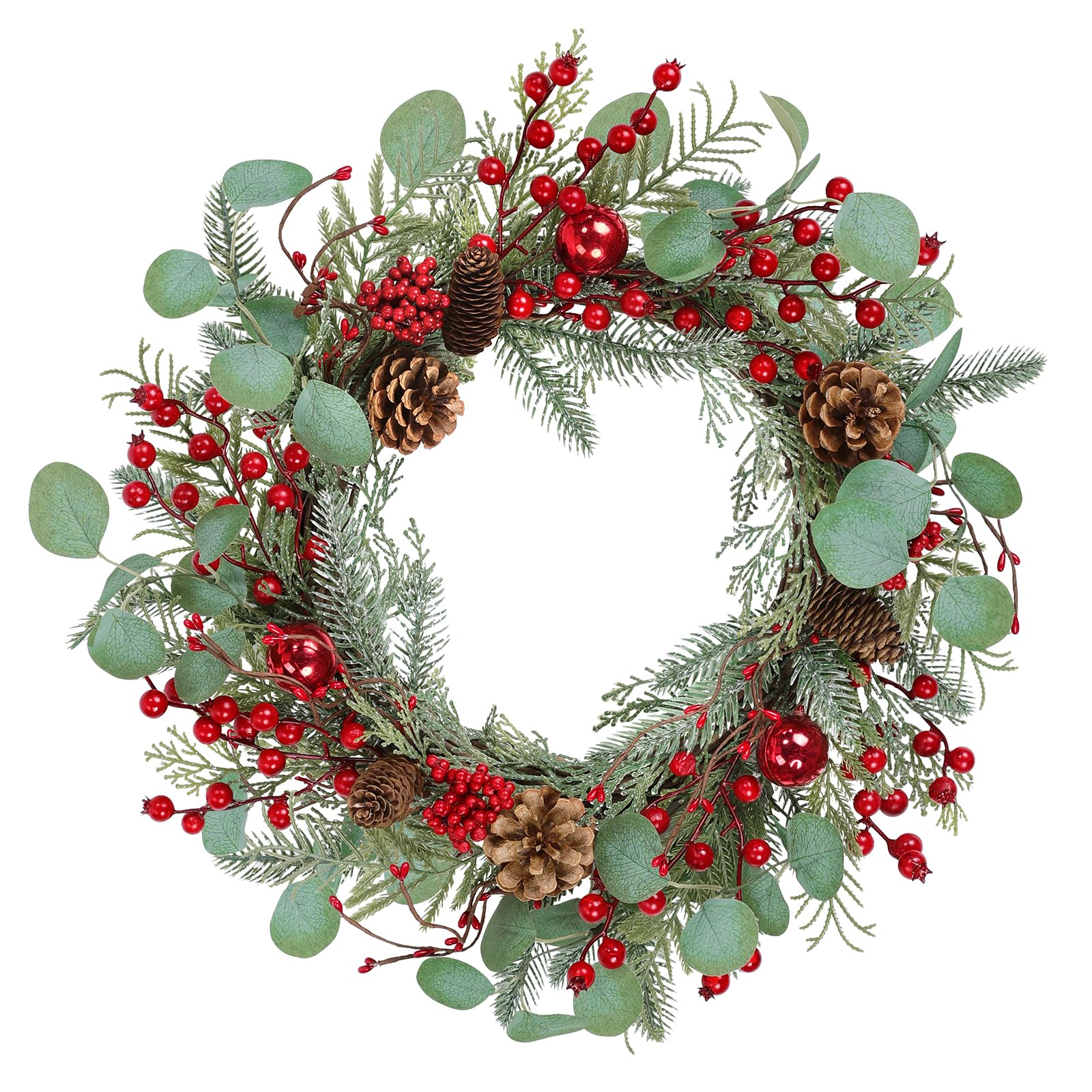 Bsmathom20 Inch Artificial Christmas Wreath with Packaging, Front Door Winter Wreath, Christmas Decorative for Wall Windows Outdoor with Pinecones, Red Berries, Frosted Branch
