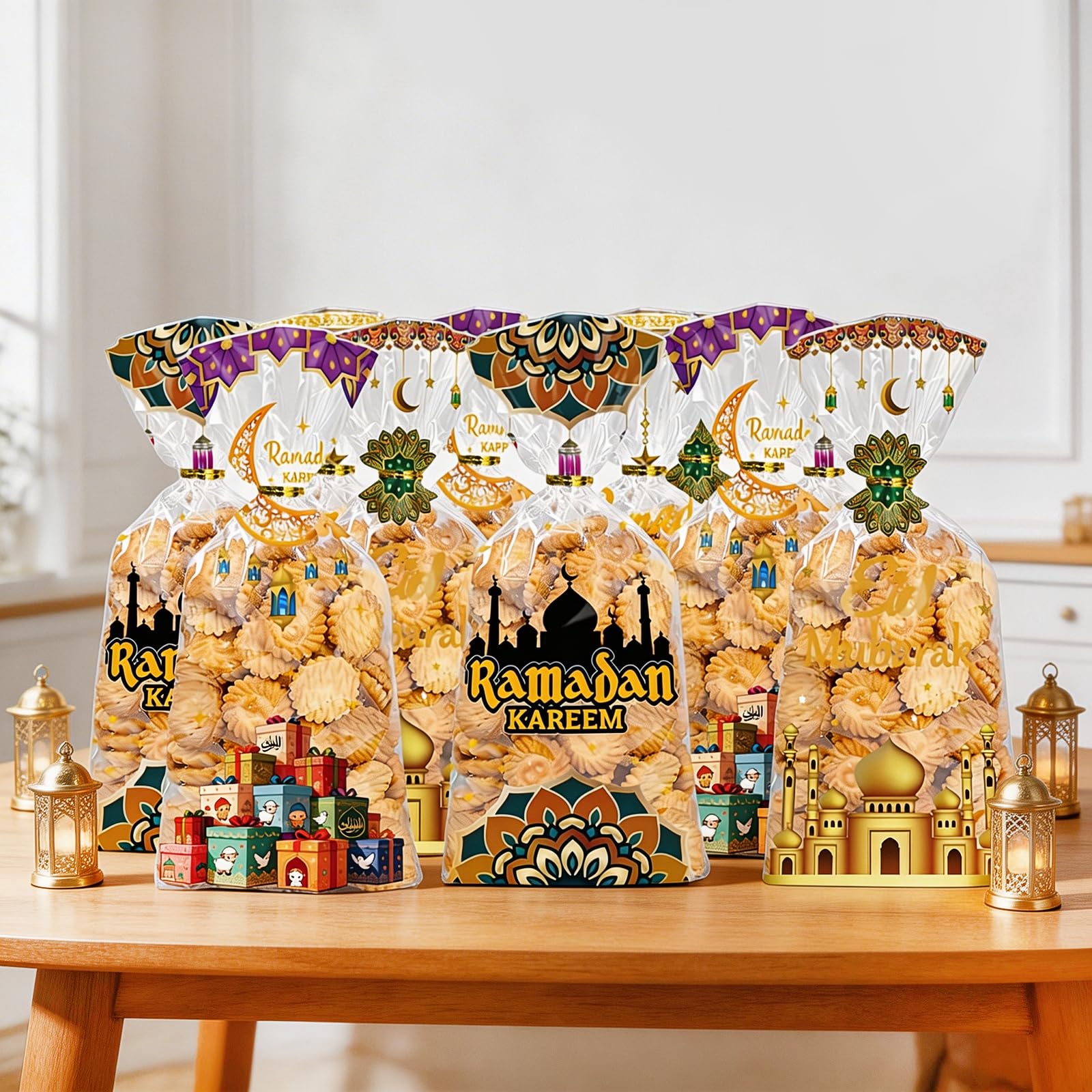 Totelux Eid Mubarak Cellophane Goodie Bags Clear Plastic Bag Ramadan kareem Treat Bags with Ties for Cookies Candy Gift Wrapping Muslim Eid Party Favor Supplies 50PCS