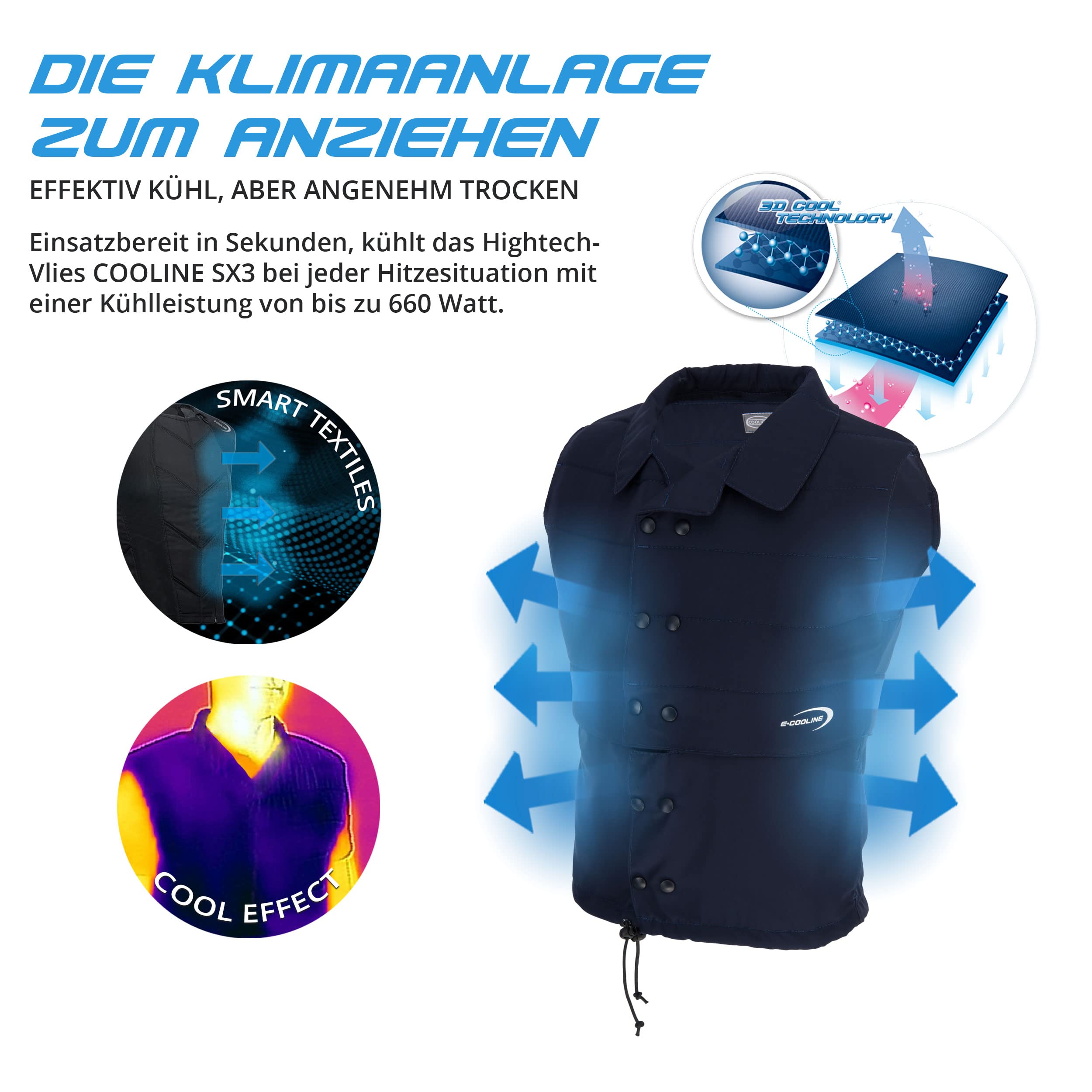 E.COOLINE PowerVital Weste | Kühlweste für Erwachsene | kühlende Weste gegen Hitze | Klimaanlage zum Anziehen - mit Nierenschutz | waschbar