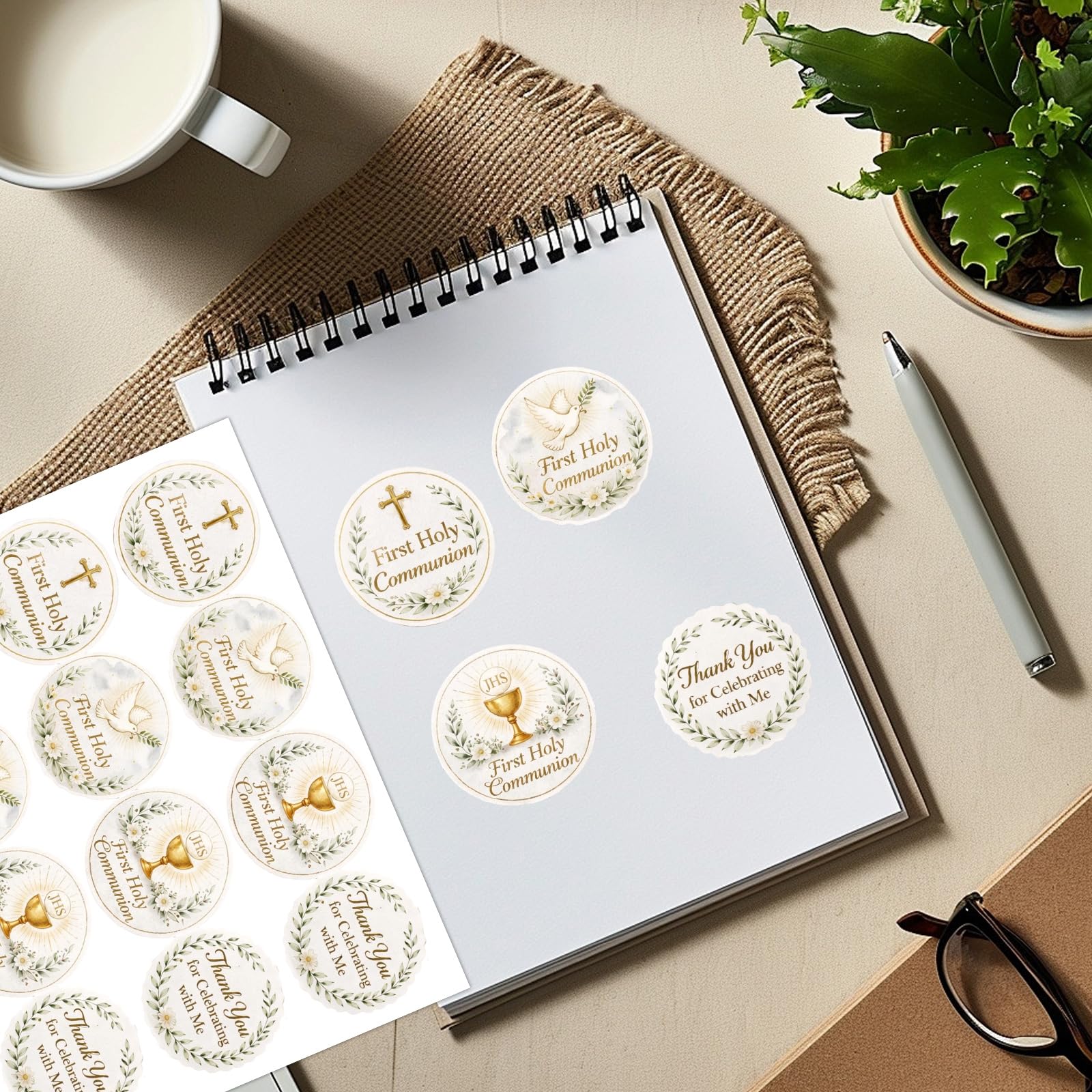 4 Pcs First Communion Stickers, Thank You for Celebrating with Us Stickers, Gold Round Adhesive Labels Stickers for Gift Bags, Party Bags, Wedding, Envelope Seals, Small Business — view 3