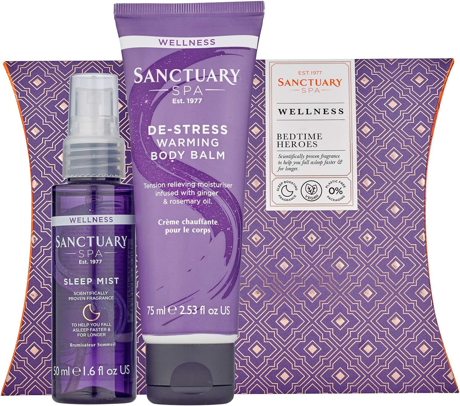 Sanctuary Spa Gift Set, Bedtime Heroes Wellness Gift With Sleep Mist Pillow Spray and Warming Muscle Rub Balm, Vegan, Gift for Her, Gifts for Women, Birthday