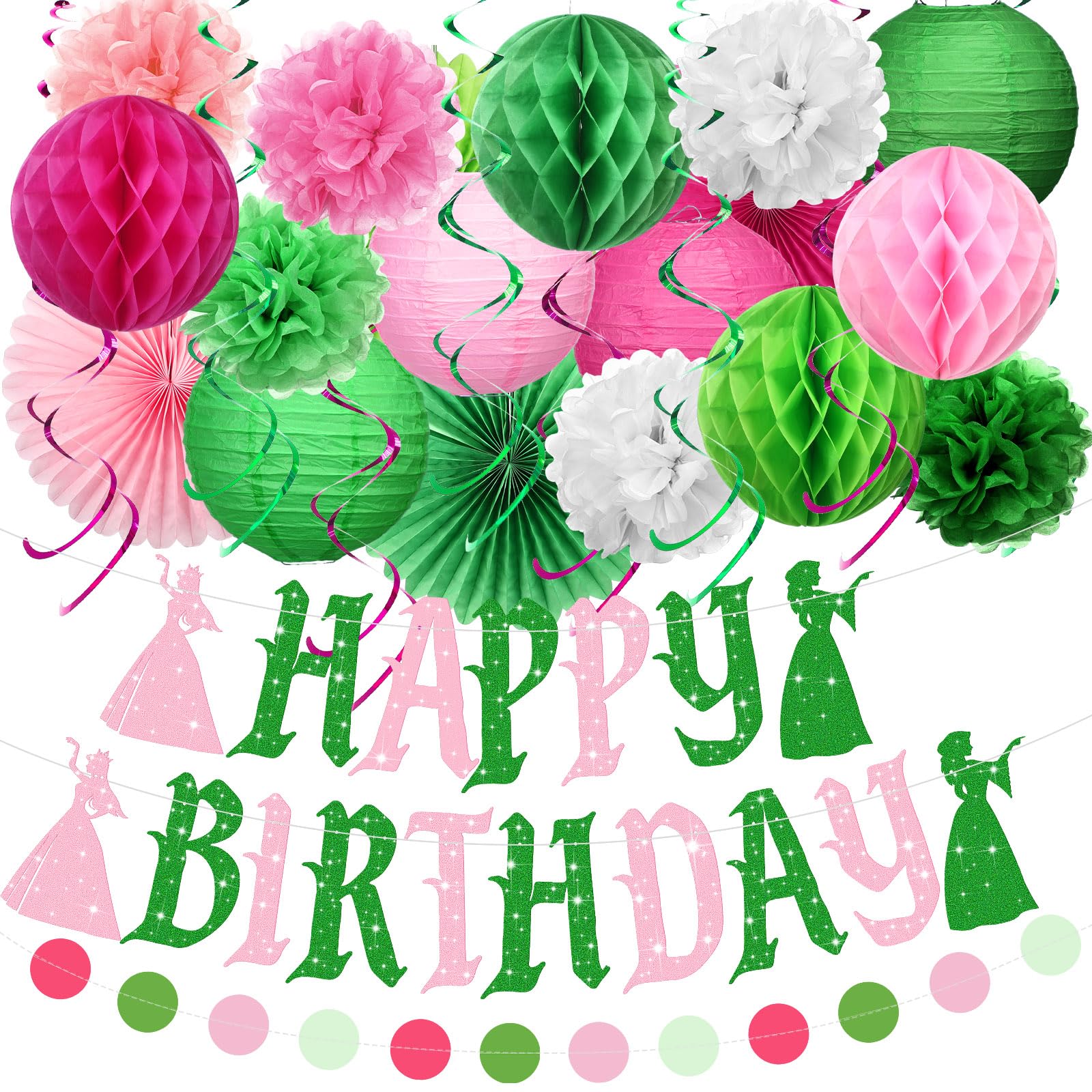 Humyoun 28 Pcs Witch Birthday Party Decorations Pink and Green Witch Princess Themed Birthday Banner Streamer Lanterns Tissue Pompom Fans for Girls Women Christmas Movie Party Supplies