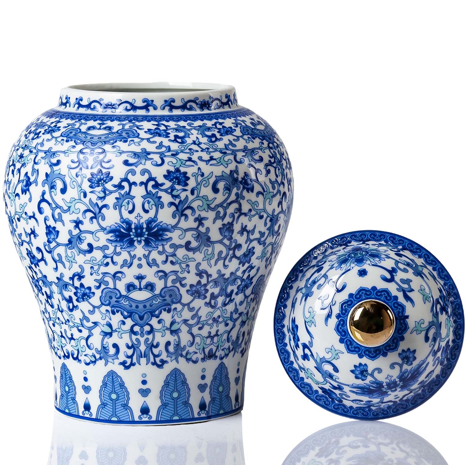 Qinlang Small Ceramic Ginger Jar for Home Decor, Ginger Jar Vase with Lid, Blue and White Lotus Pattern