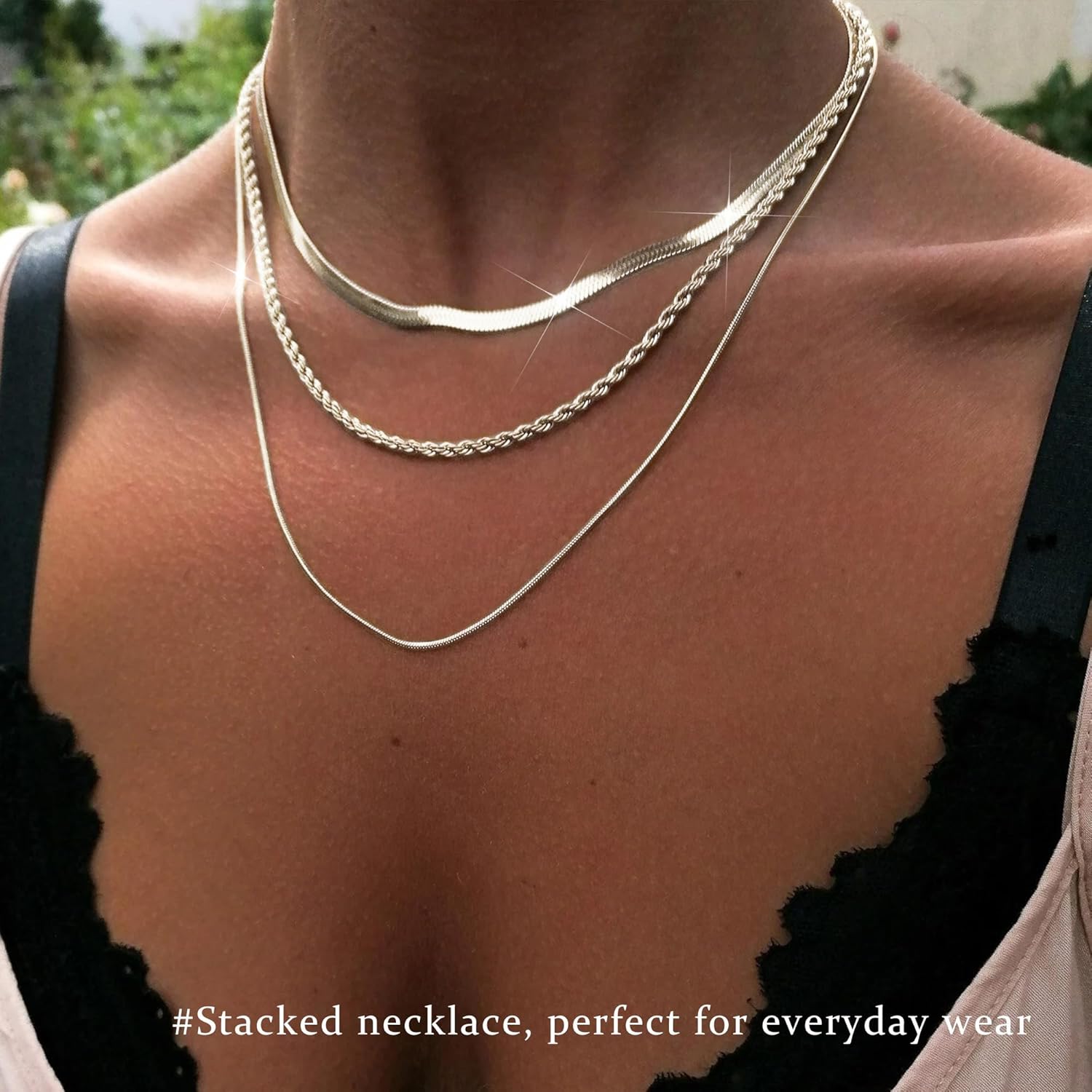 3PCS Gold Necklaces for Women,Chunky Statement Gold Plated Necklace Stack Layered Sterling Silver Herringbone Chains for Women Dainty Trendy Silver Chains Stacked Jewelry Gifts - Image 2