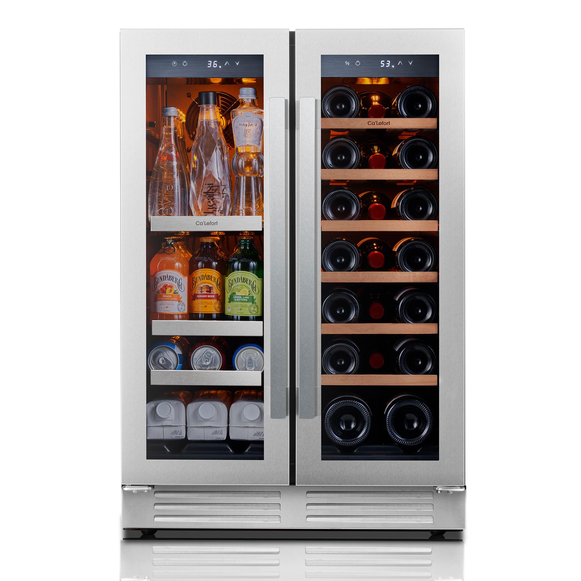Ca’Lefort 24 Inch Wine and Beverage Refrigerator, 60 Can and 20 Bottle Wine Fridge 36-72°F, 3 LED Dual Zone Wine Cooler with Glass Door, Built-in Compressor Refrigerator for Home/Kitchen