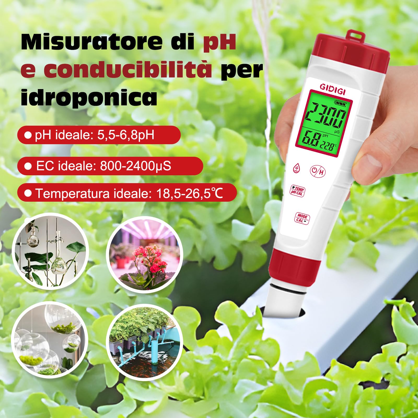 Tester di pH EC per idroponica, visualizzazione simultanea di pH ppm per l'acqua, monitoraggio continuo di pH, conducibilità, temperatura, ppm per nutrienti di coltivazione, piscina, acquario