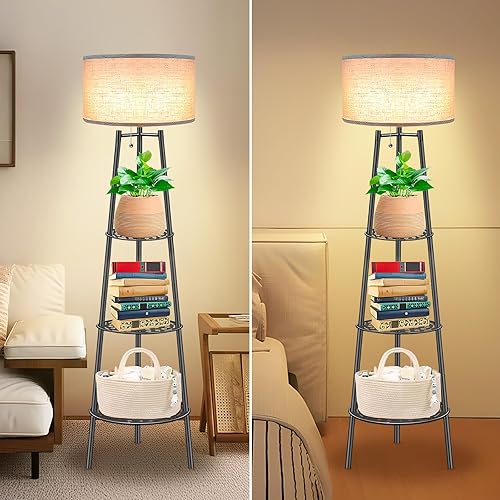 Miniatura 5 de 2 lámparas de pie negras con estantes para sala de estar, lámpara de pie, lámpara alta, Amparas elegantes para sala con pantalla de lino, lámpara de