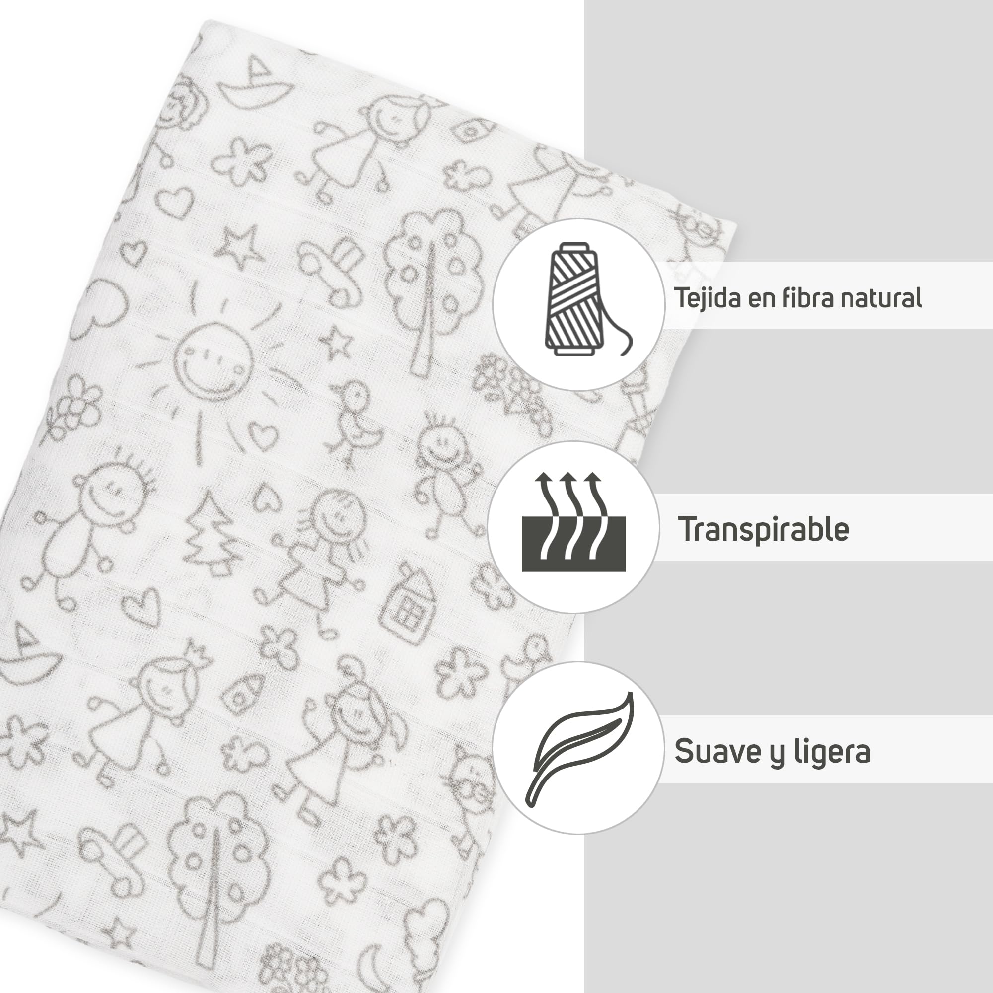 Ti TIN Muselina 100% Algodón 120 x 120 cm, Transpirable, Ligera y Suave, Ideal para bebés de 0-36 Meses, fácil Lavado y Secadora, Fabricada en España, Estampado de Dibujos de niños Color Gris