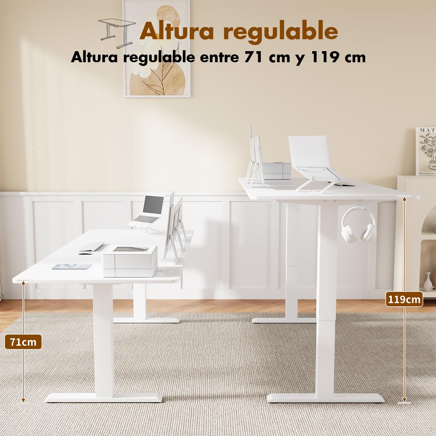 Devoko Escritorio Elevable Eléctrico 180 x 80cm,Escritorio Regulable en Altura con Gancho, 71-119 cm, 2 Opciones de Memoria Inteligente, Adecuado para Estudiar Trabajar（Blanco）