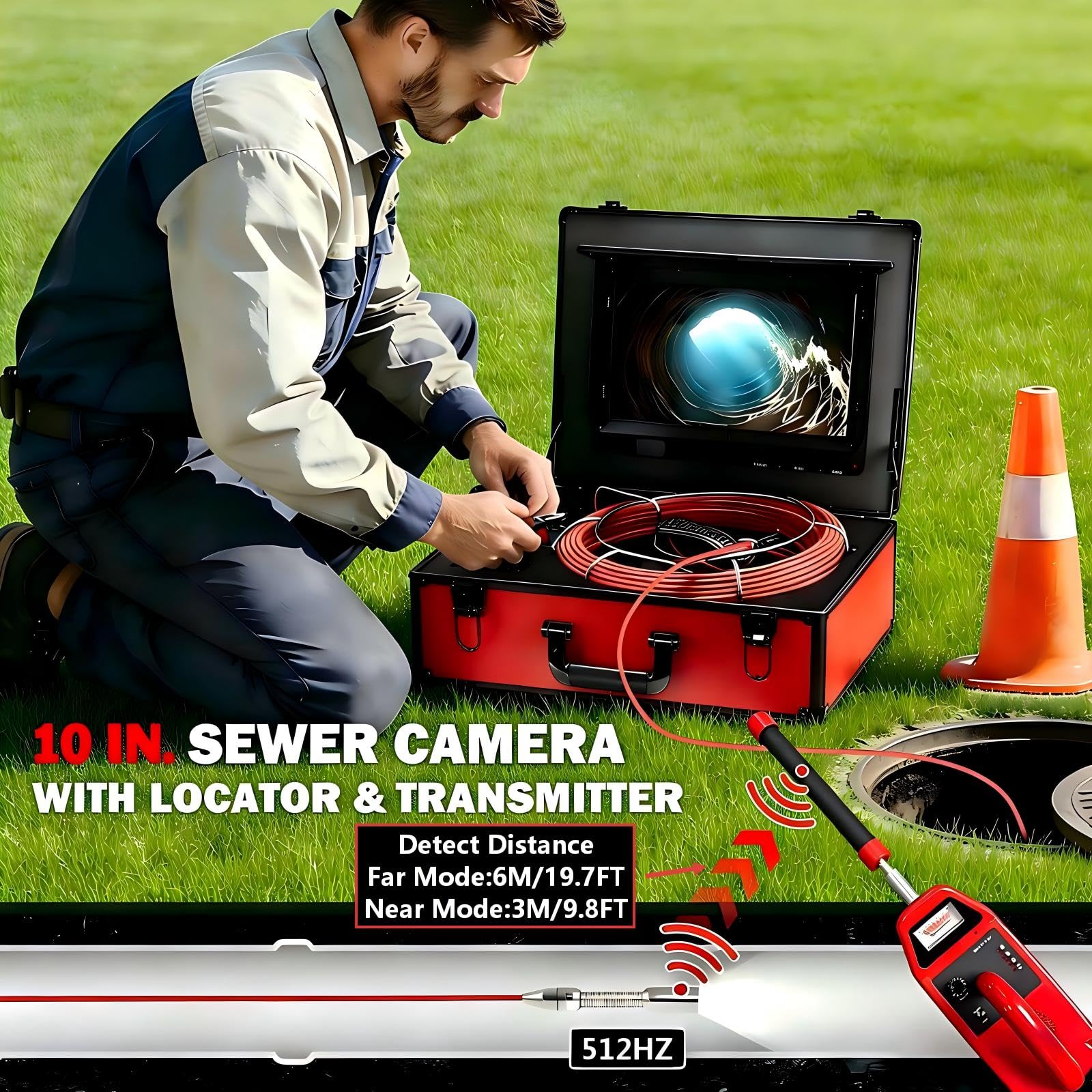 Cámara de alcantarillado con localizador de 512 Hz, cámara de inspección de drenaje de tuberías de 10 pulgadas con función DVR y luces LED, cámara de inspección de tuberías de 30 m con tarjeta de 16