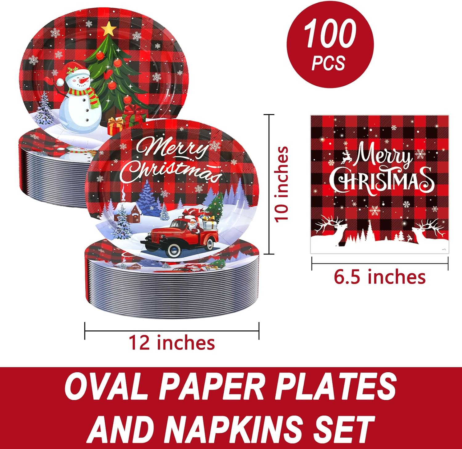 100Pcs Christmas Oval Paper Plates and Napkins -10" x 12" Large Disposable Party Plates, Christmas Party Supplies Dinnerware Set - Image 2