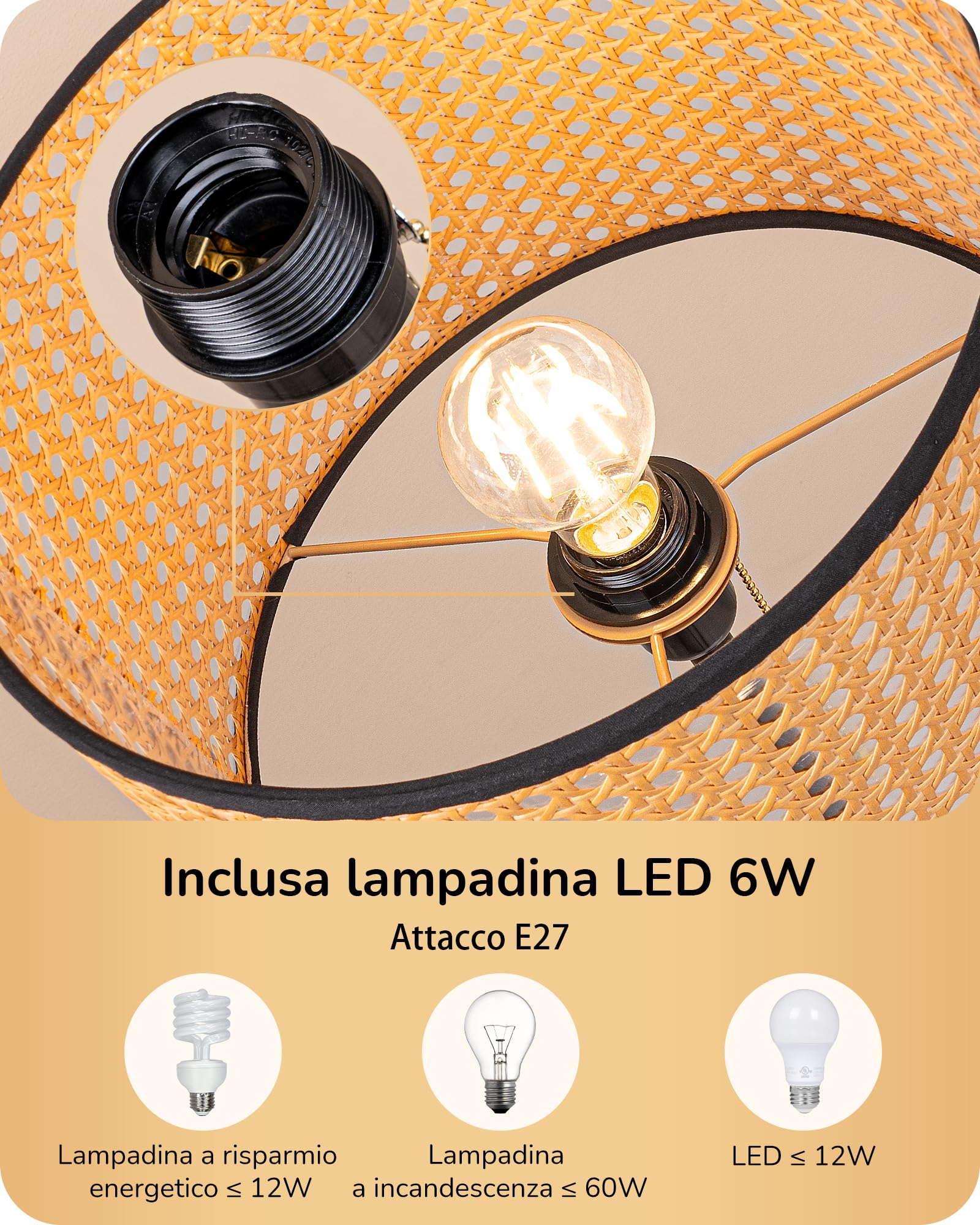 EDISHINE Lampada da Terra Boho Soggiorno, Paralume in Rattan, Nero | Lampada da Terra Angolare Moderna, Interruttore a Catenella, E27, LED Inclusa, Bianco Caldo 2700 K, Camera, Corridoio, 160 cm