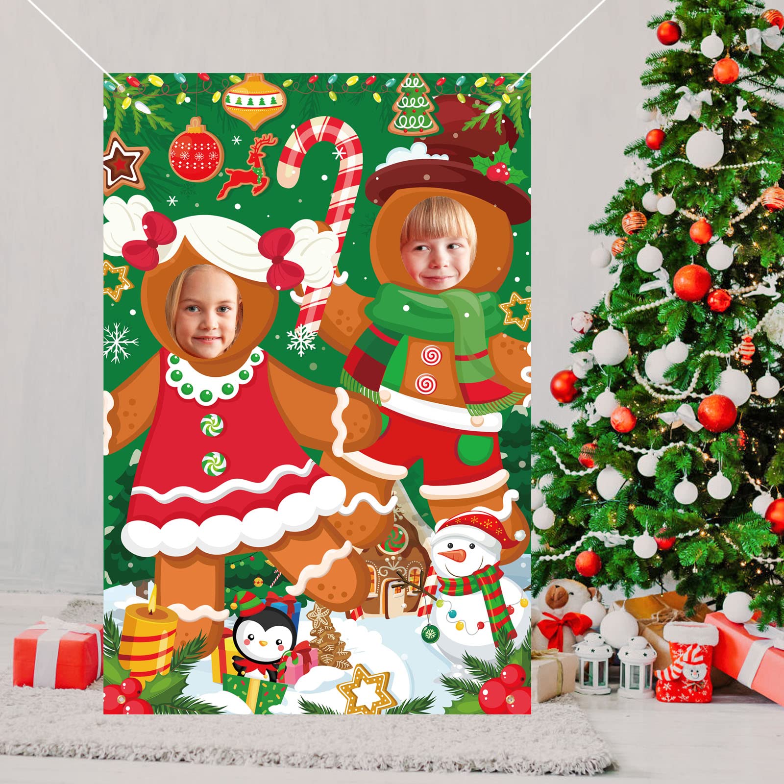 CRTPOD 9x6ft Winter Pink Gingerbread House Backdrop For Photoshoot Snow Forest Background For Photography Cute Gingerbread Man Snowman Family Holiday Party Banner Kids Baby Wall Decor - View #5