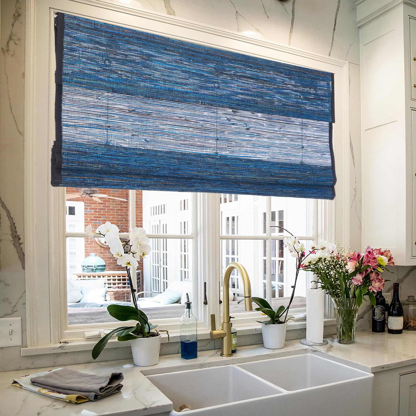 Sunbox Bamboo Roman Shades, Cordless Roman Blinds for Indoor Windows, Easy to Install Window Blinds for Home, Office, Light Filtering, Natural Midnight Blue