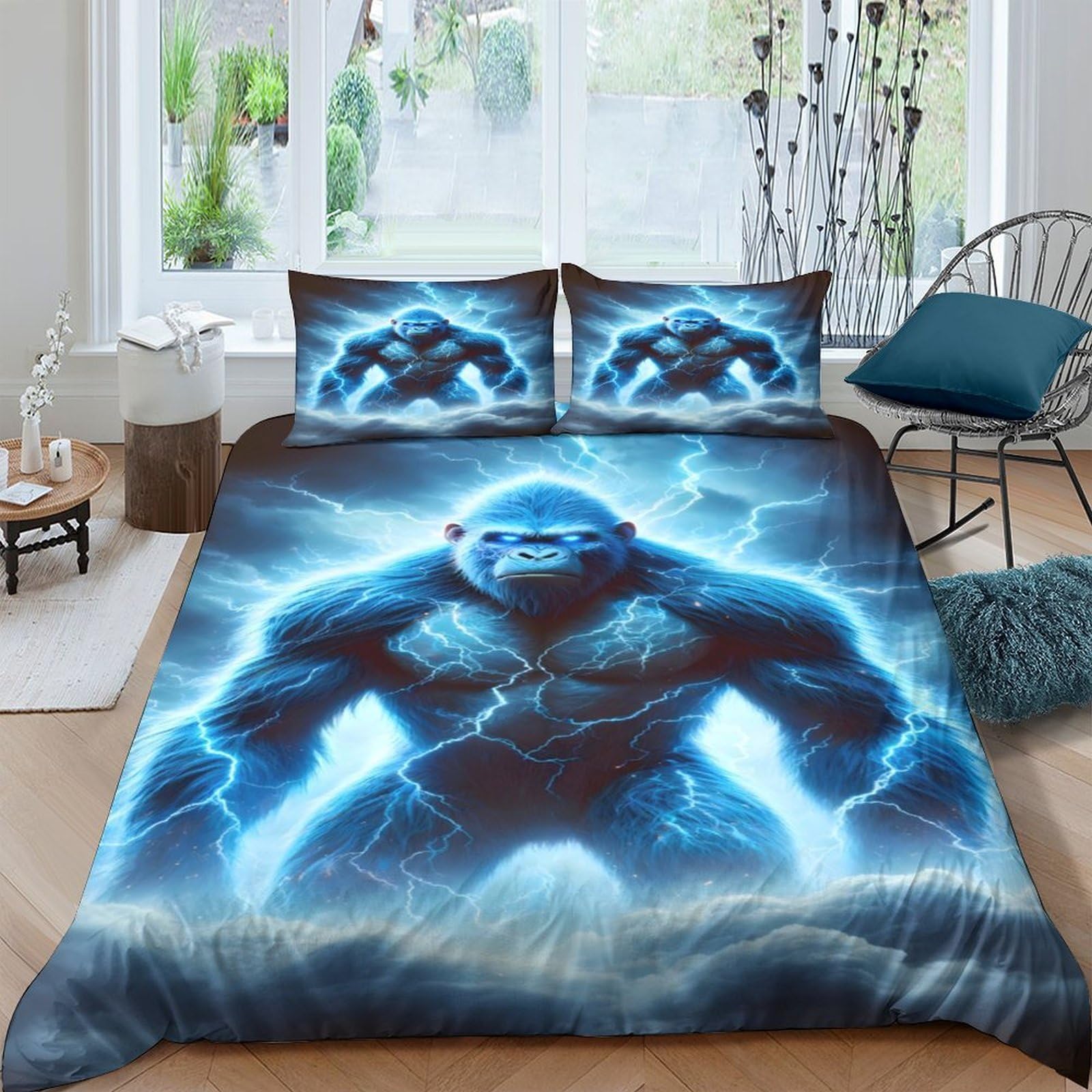Ctjqhvkz Style-8 3D Printed Blue Lightning Gorilla Fitted Sheet Microfiber Soft Bed Cover For Bedroom Guest Room Mattress Decor Single（135X200cm）