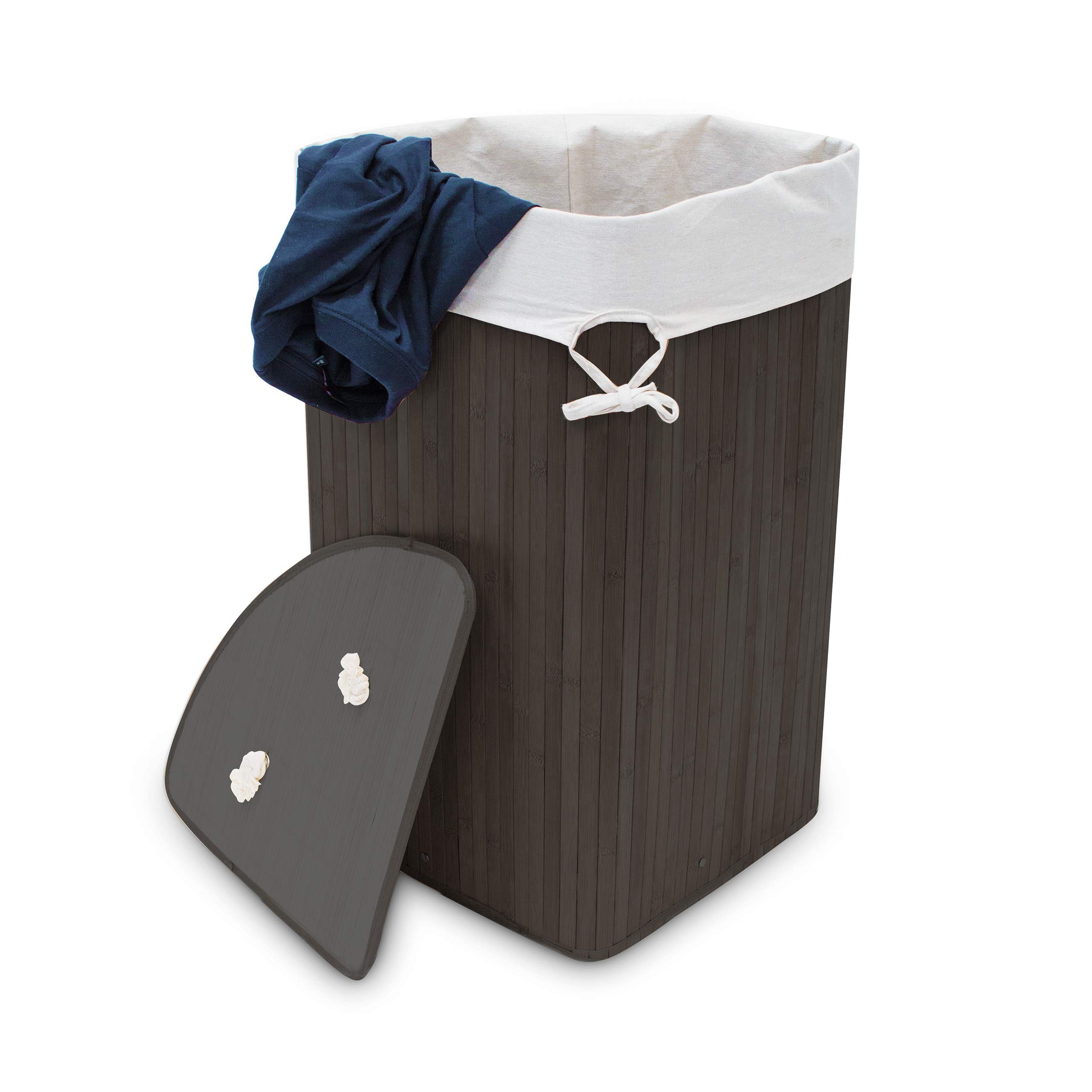 Relaxdays Bamboo Corner Laundry Basket, 65 x 49.5 x 37 cm, 64L, Folding Hamper with Laundry Sack, Black