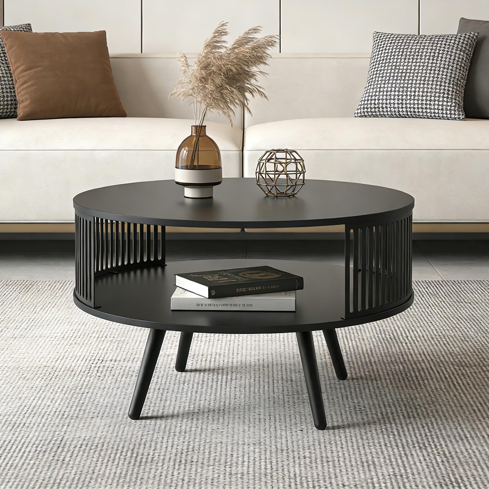 Runder Couchtisch Ø 75 cm mit Ablage, Wohnzimmertisch Schwarz