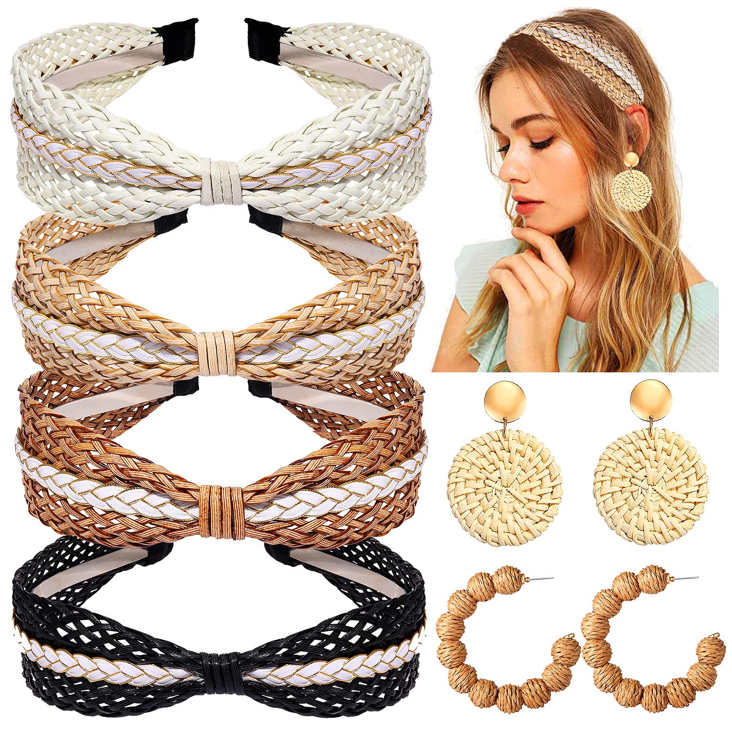 NVENF 6Pack Straw Headbands Rattan Earrings for Women, Boho Raffia Straw Knotted Hairband, Wide Woven Twist Hair Hoop, Summer Beach Headwear Hair