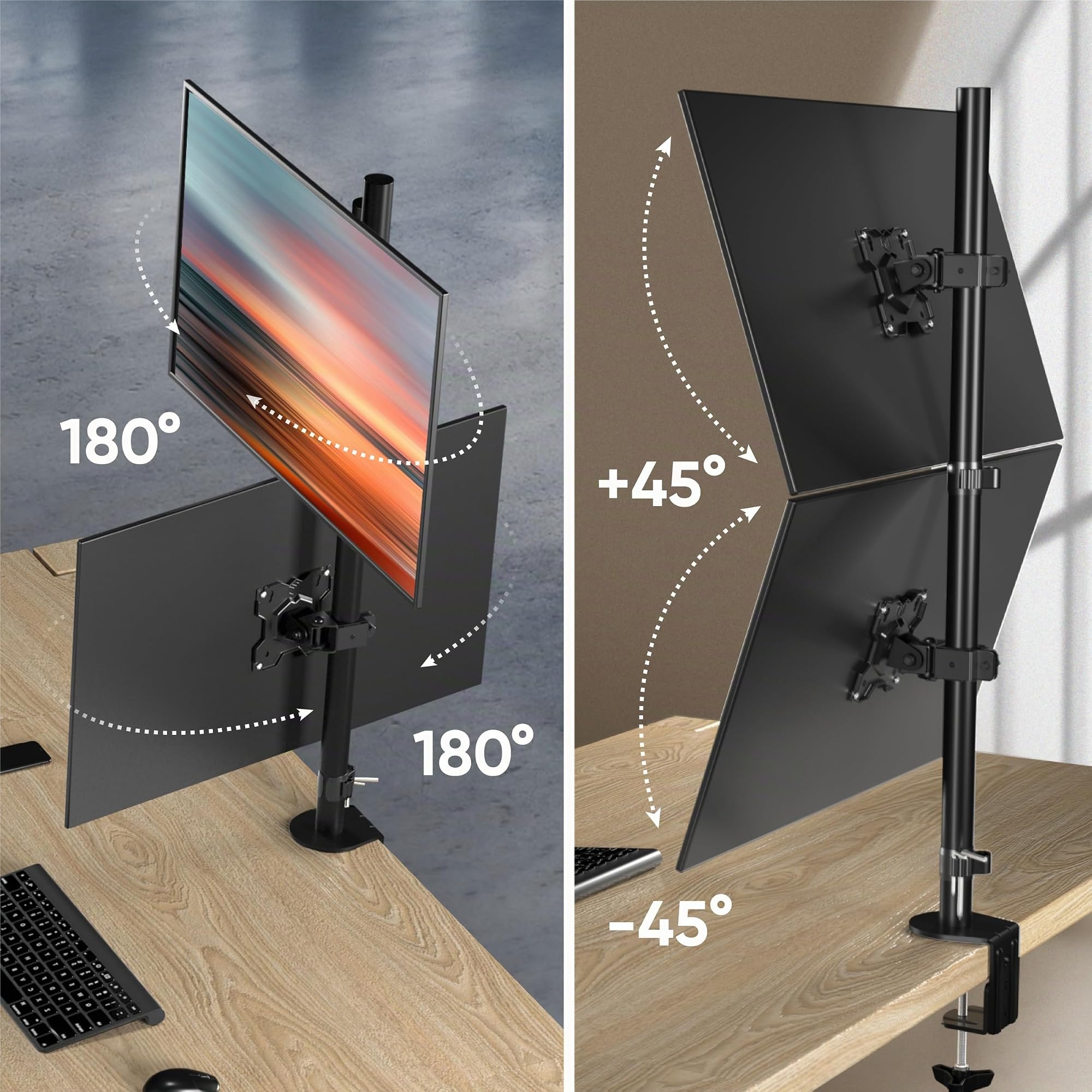 ONKRON Support Ecran PC 2 Ecran pour Deux 13-34 Pouces Écrans 8 kg Chacun, Pied Ecran PC Vertical VESA 75x75 & 100x100, Bras d'Écran Pivotant Rotatif, Support Ecran PC Bureau Inclinable Noir D208E-B