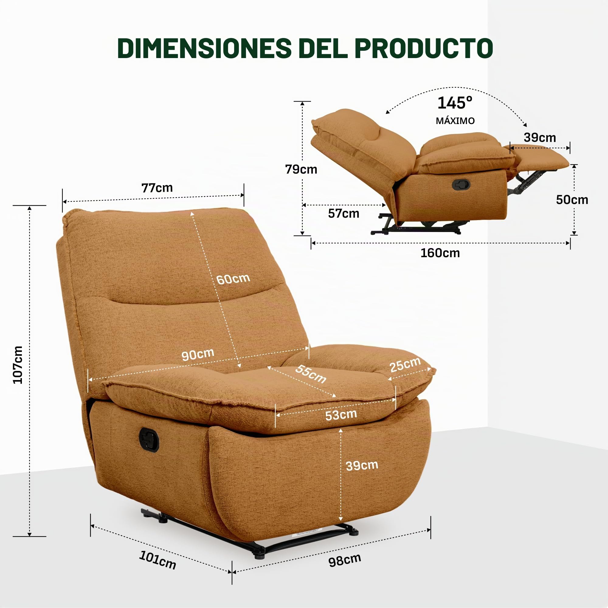 Softa Sillón Reclinable, Pushback, Silla Reclinable con Espacio de Almacenamiento Oculto, Sofá Cama con Respaldo Ajustable, Asiento y Respaldo Acolchados, para Salón, Marrón