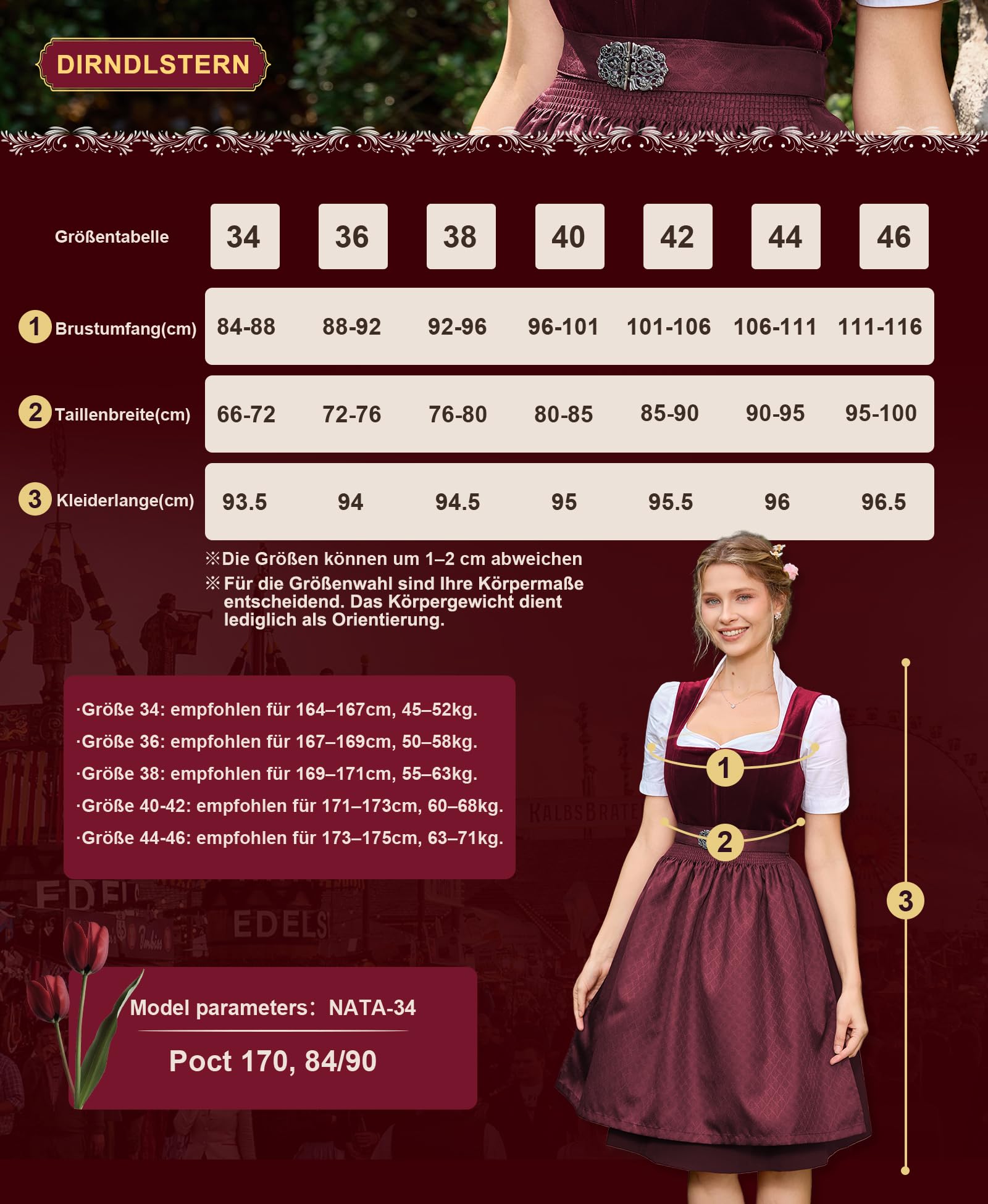DIRNDLSTERN Damen Trachtenkleid Rot - Midi Dirndlkleid Oktoberfest Outfit Samt Trachtenrock mit 60 cm Dirndlschürzen