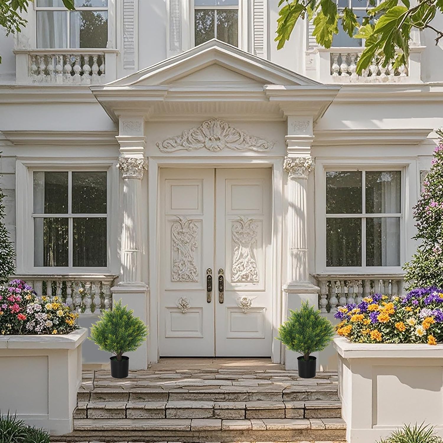 Two 19T Artificial Topiary Ball Trees, Artificial Small Shrub Plants, UV Resistant Potted Plants, Indoor and Outdoor Front Porch Gardens, Office Decoration