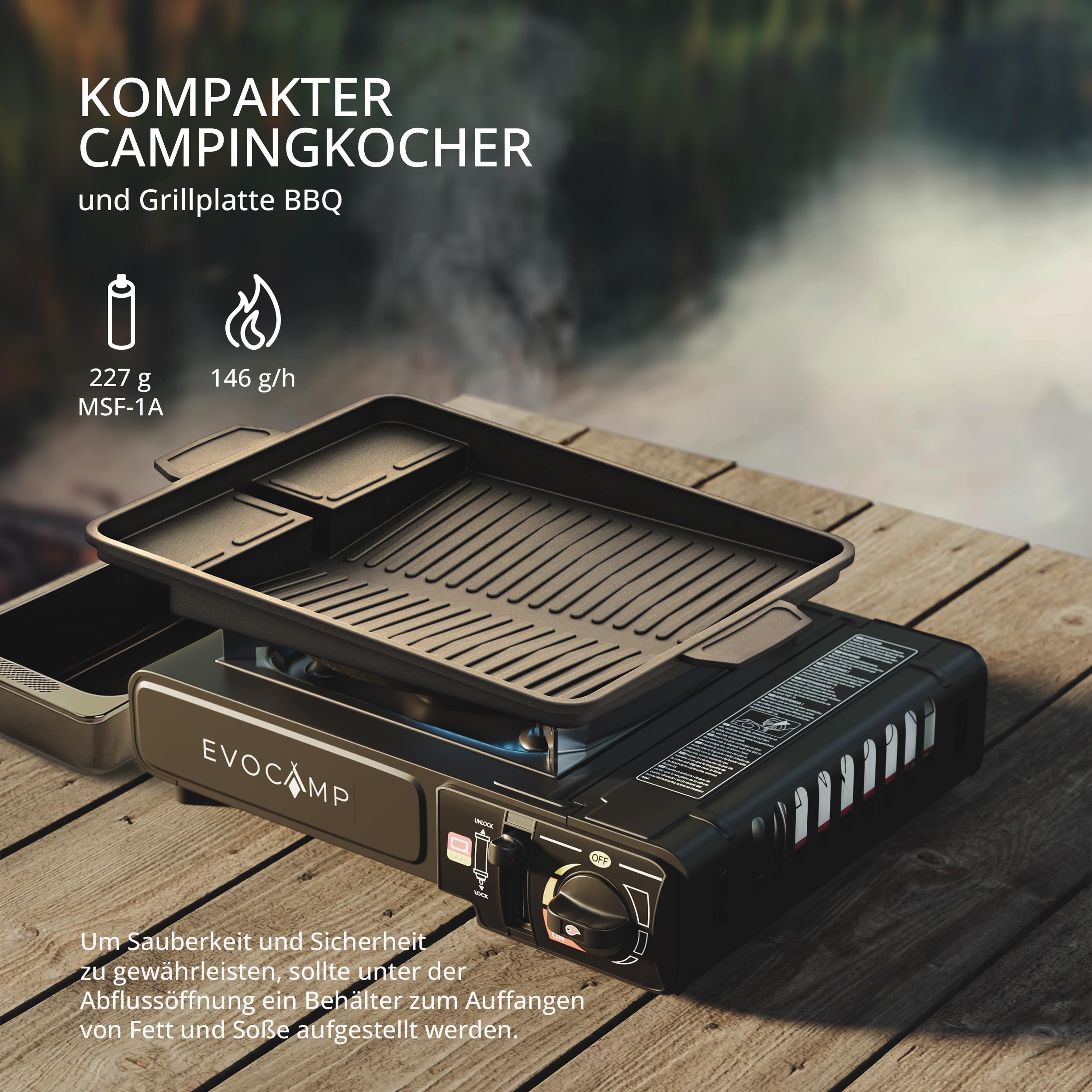 Gaskocher 1-flammig und Grillplatte BBQ eckig 38 cm, Campingkocher für Gaskartuschen MSF-1a 227g, Camping Herd mit Tragekoffer - Ideal für Outdoor-Aktivitäten wie Camping oder Wandern