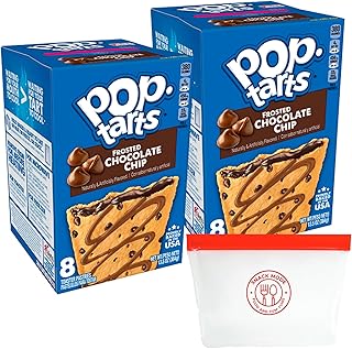 Deluxe Chocolate Chip Pop-Tarts Bundle - 16 Toaster Pastries (2x8 Packs) with Portable Silicone Snack Bag | Ideal for Quick Breakfasts & On-the-Go Snacks