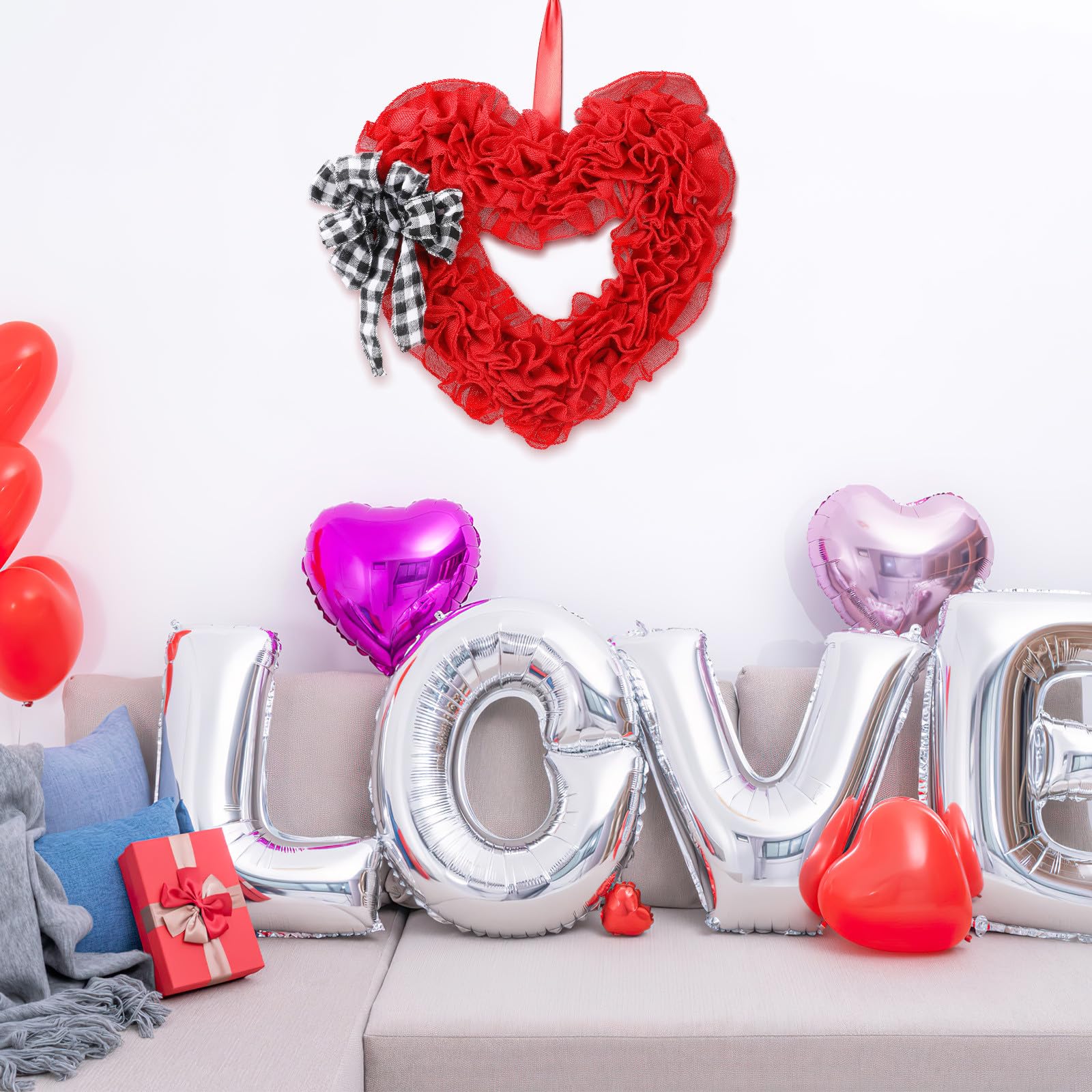 Guirnalda Colgante de Corazón de Tela para Puerta de Entrada, Decoración de San Valentín, Boda y Compromiso, Diámetro 35 Cm, Adorno Romántico para Hogar y Eventos