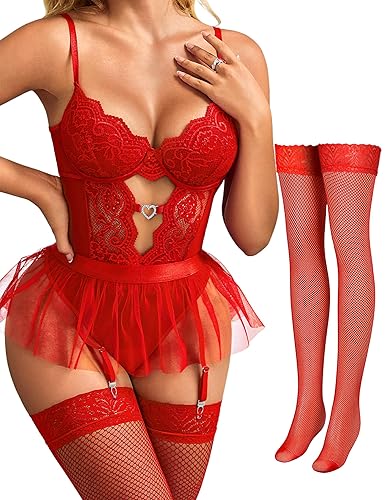Womens Lingerie Set Sexy Lace Bodysuit with Detachable Mesh Mini