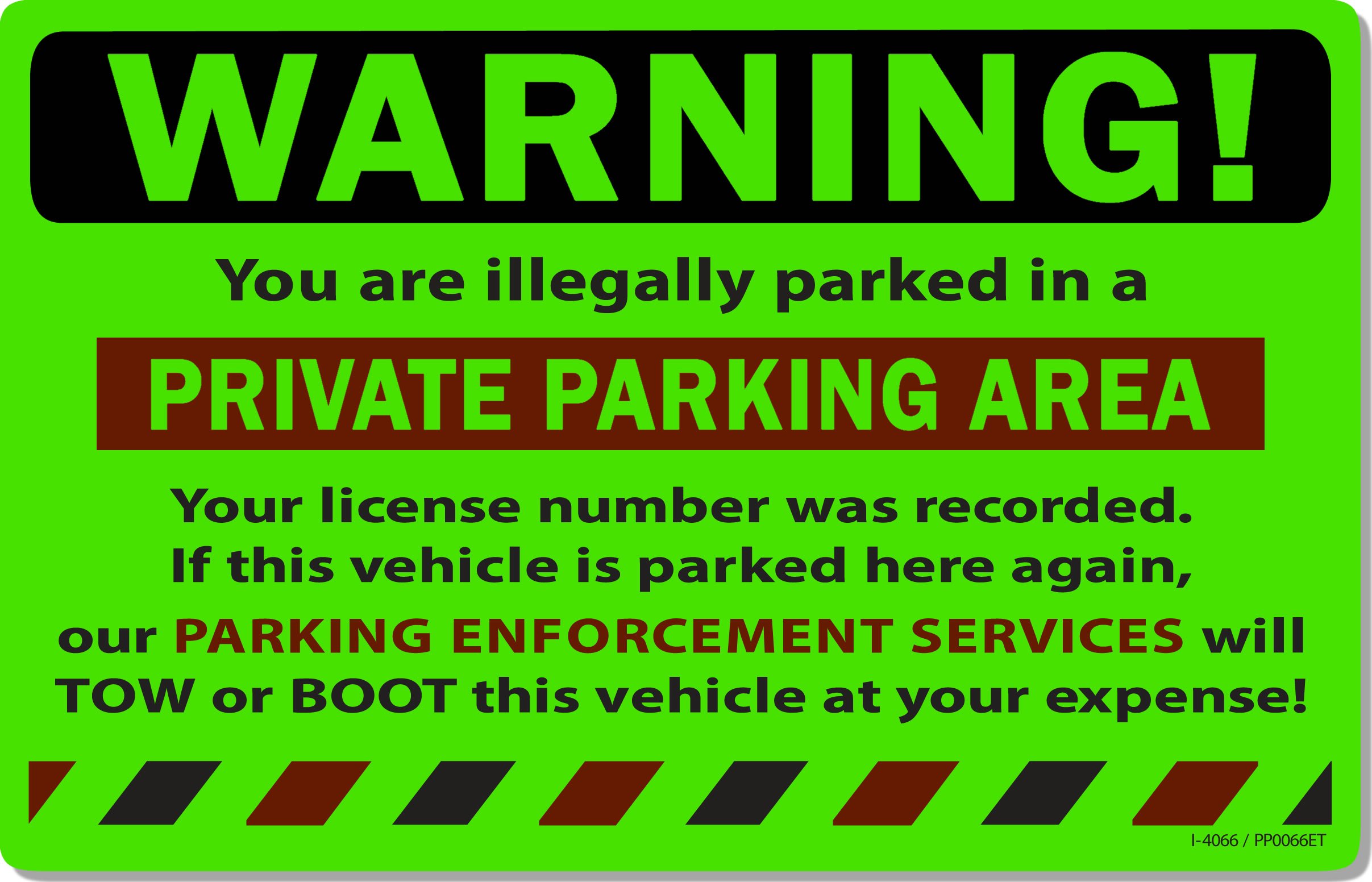 25 Green Fluorescent Warning Private Parking Area! Violation No Parking Towing Car Auto Sign Stickers 8" X 5"