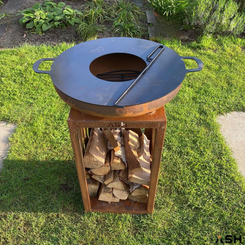 Plancha Acier Corten - BBQ Extérieur - Cheminée de Jardin - Rangement du Bois - Aspect Luxueux
