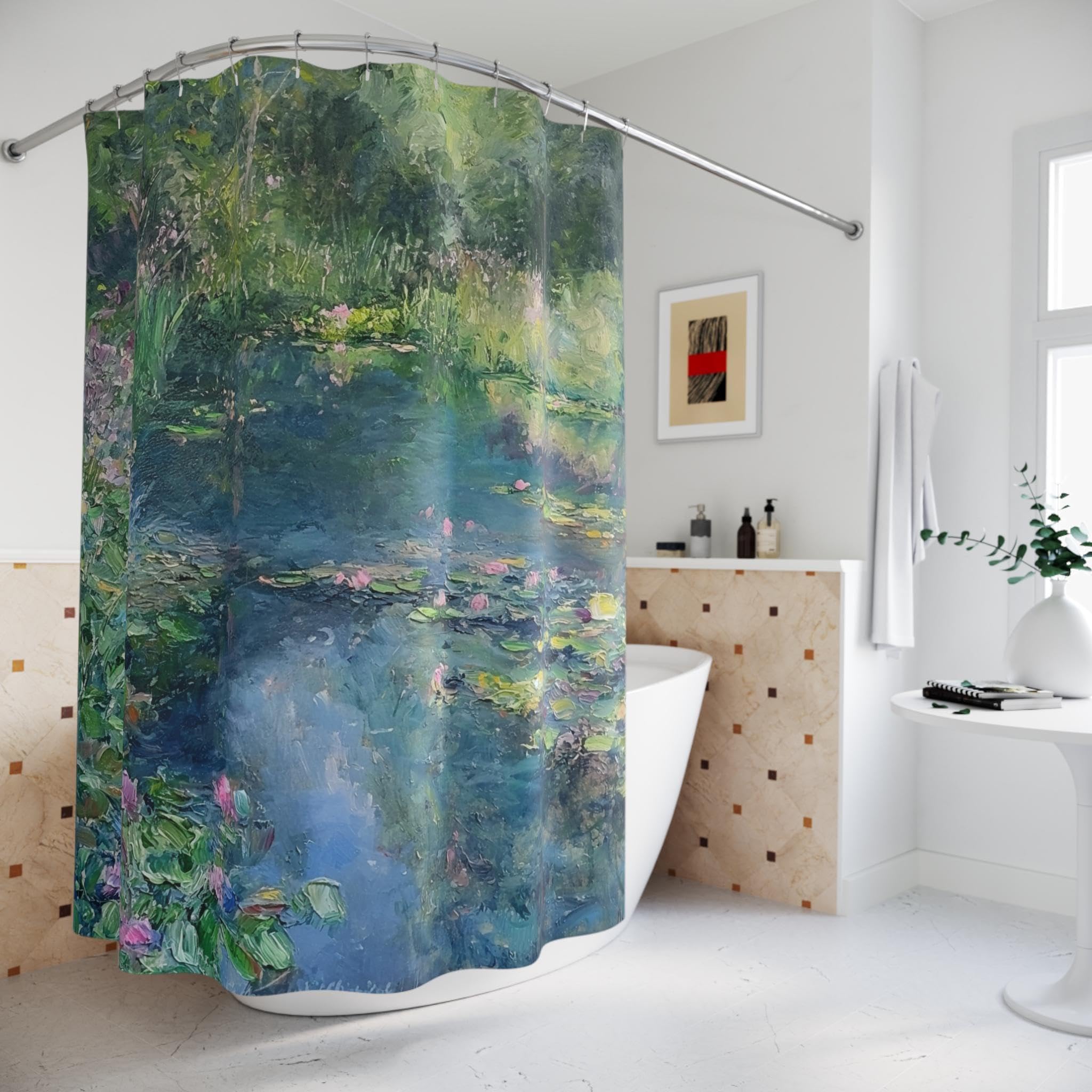 Abstrakter Duschvorhang - Ruhiger Monet-Gartenteich-Duschvorhang - mit 12 Haken, inspiriert vom Monet-Impressionismus 240 x 180 cm (B x H) Stoffduschvorhang