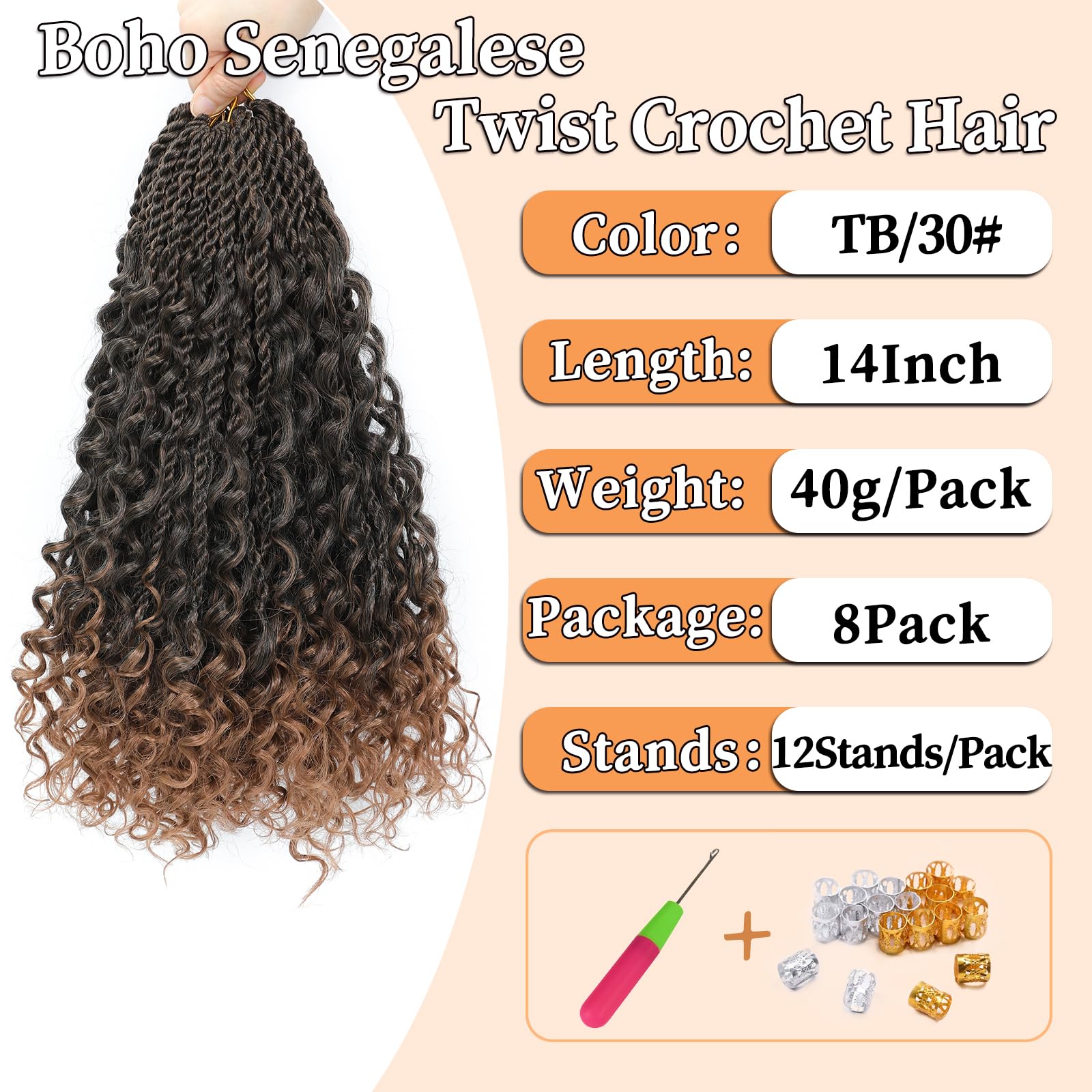 Auxemuen Senegalese Twist Crochet Hair 8Packs Boho Island Twist Crochet Hair with Curly Ends 14Inch Pre Looped Goddess Crochet Twists Hair Extensions for Black Women(TB/30) - Image 2